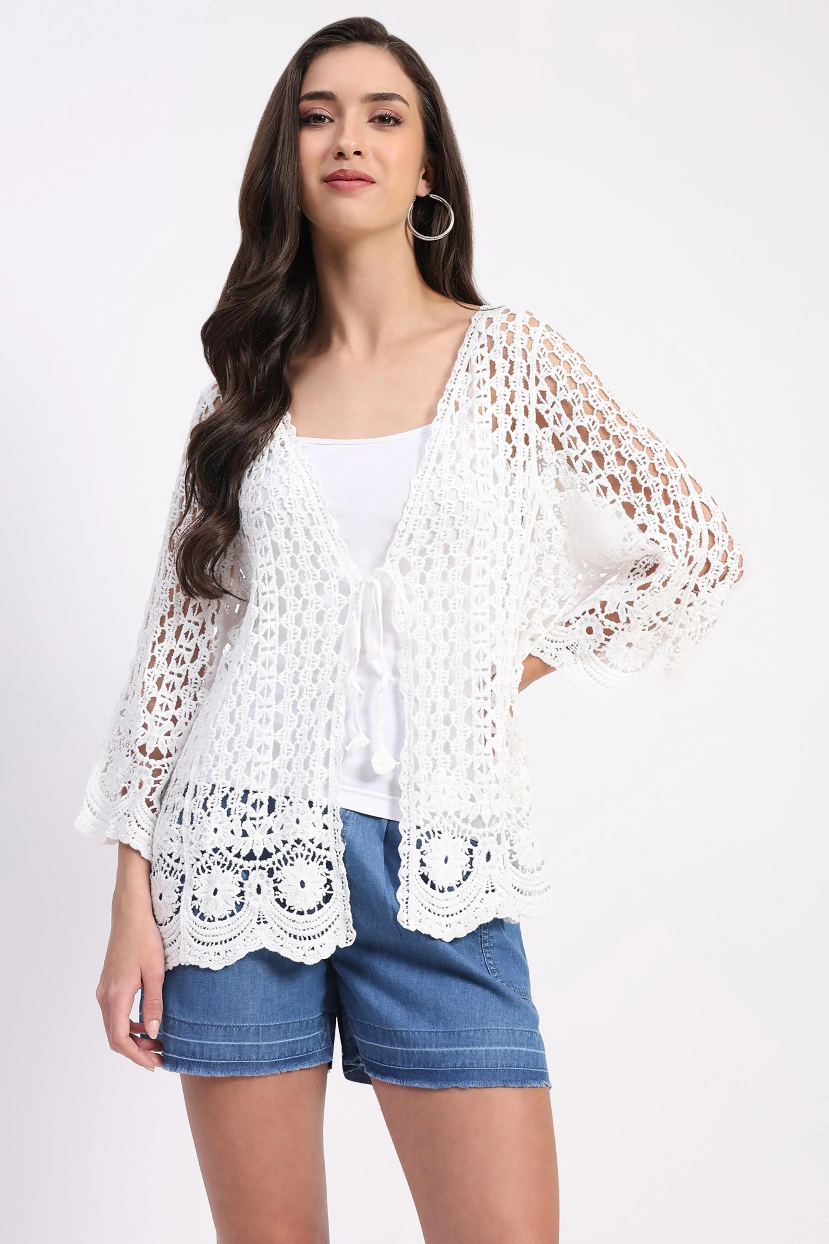 White Cotton Crochet Shrug - Global Republic