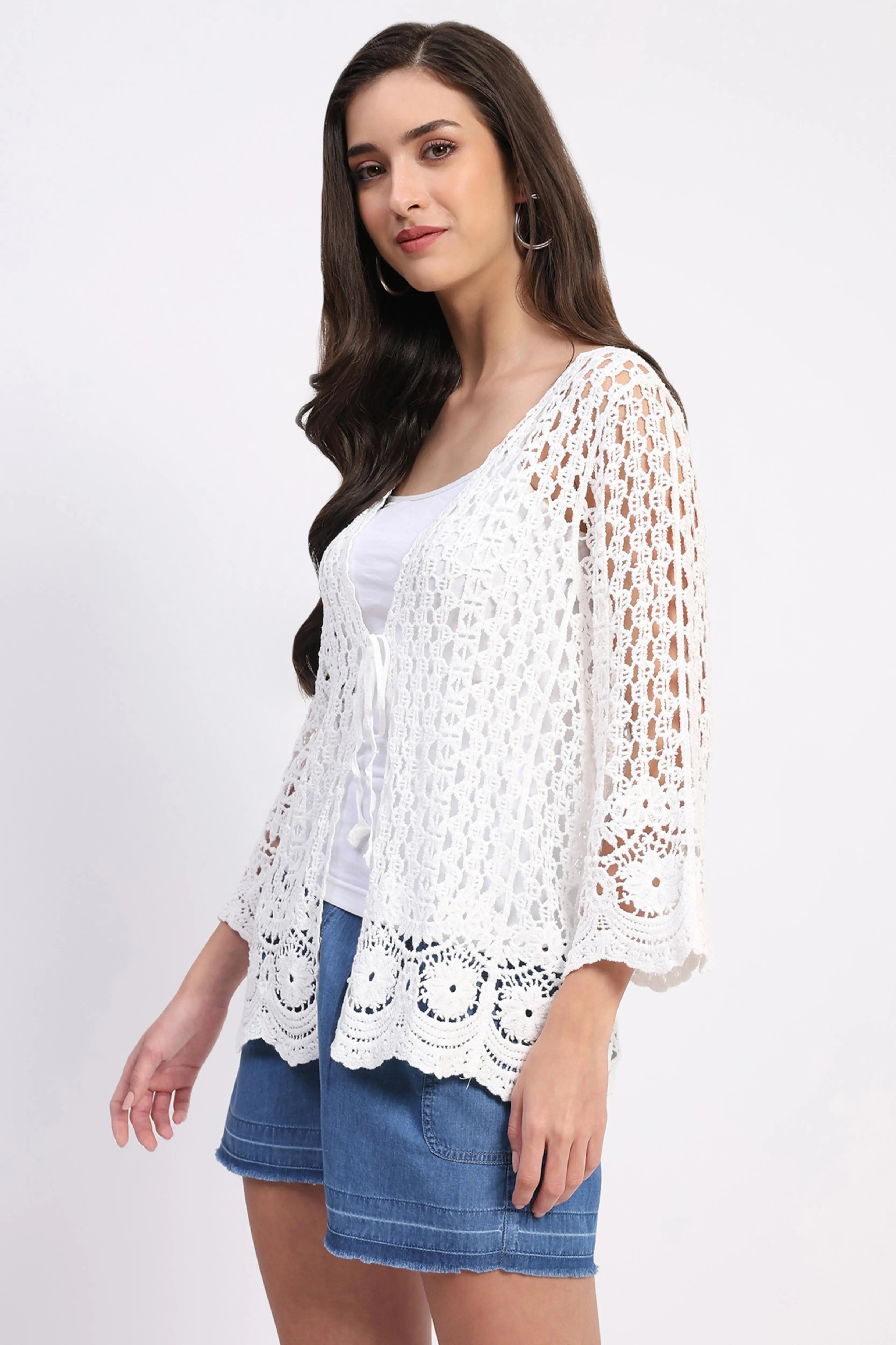 White Cotton Crochet Shrug - Global Republic
