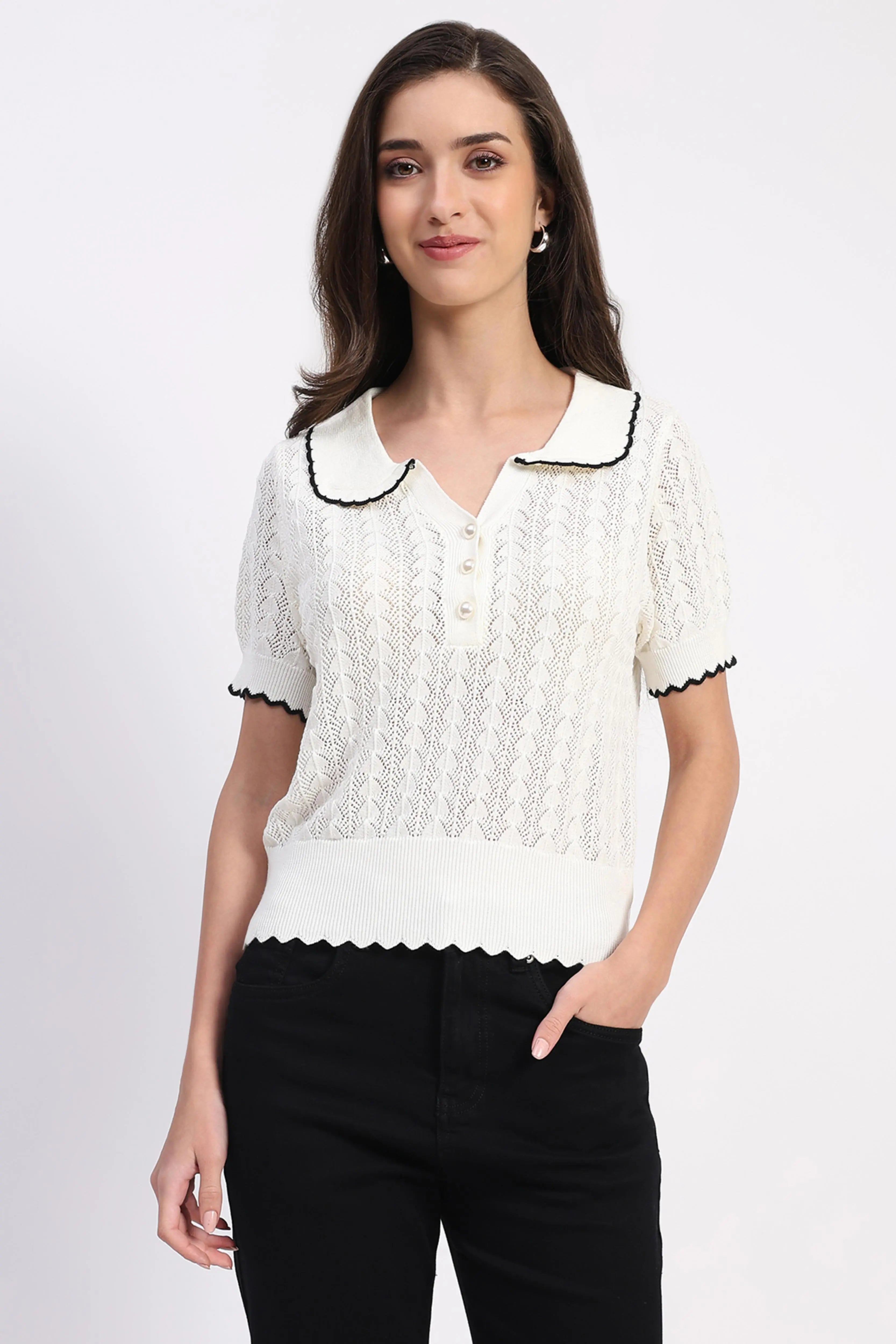 White Scallop Hem Knitted Top - Global Republic