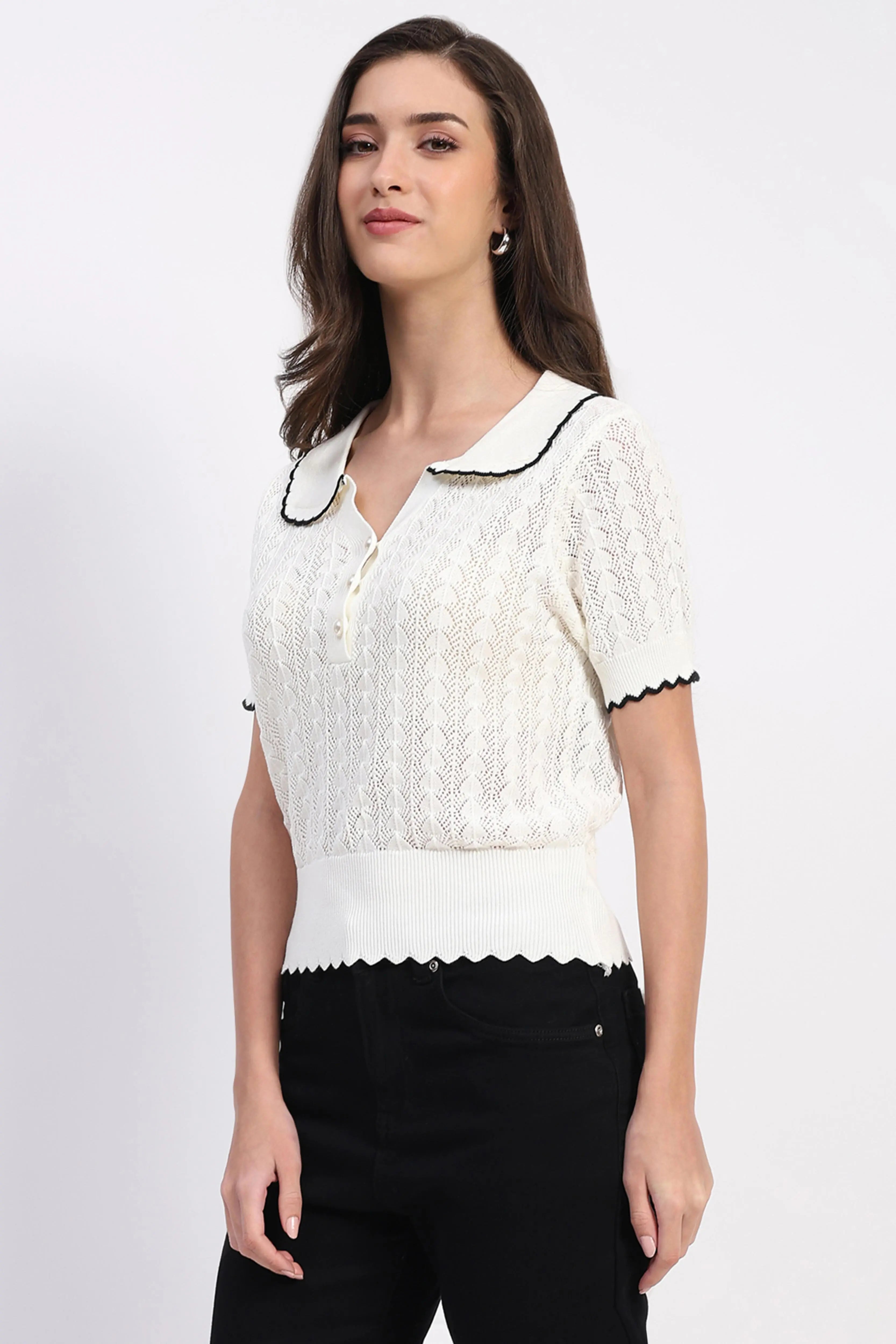 White Scallop Hem Knitted Top - Global Republic