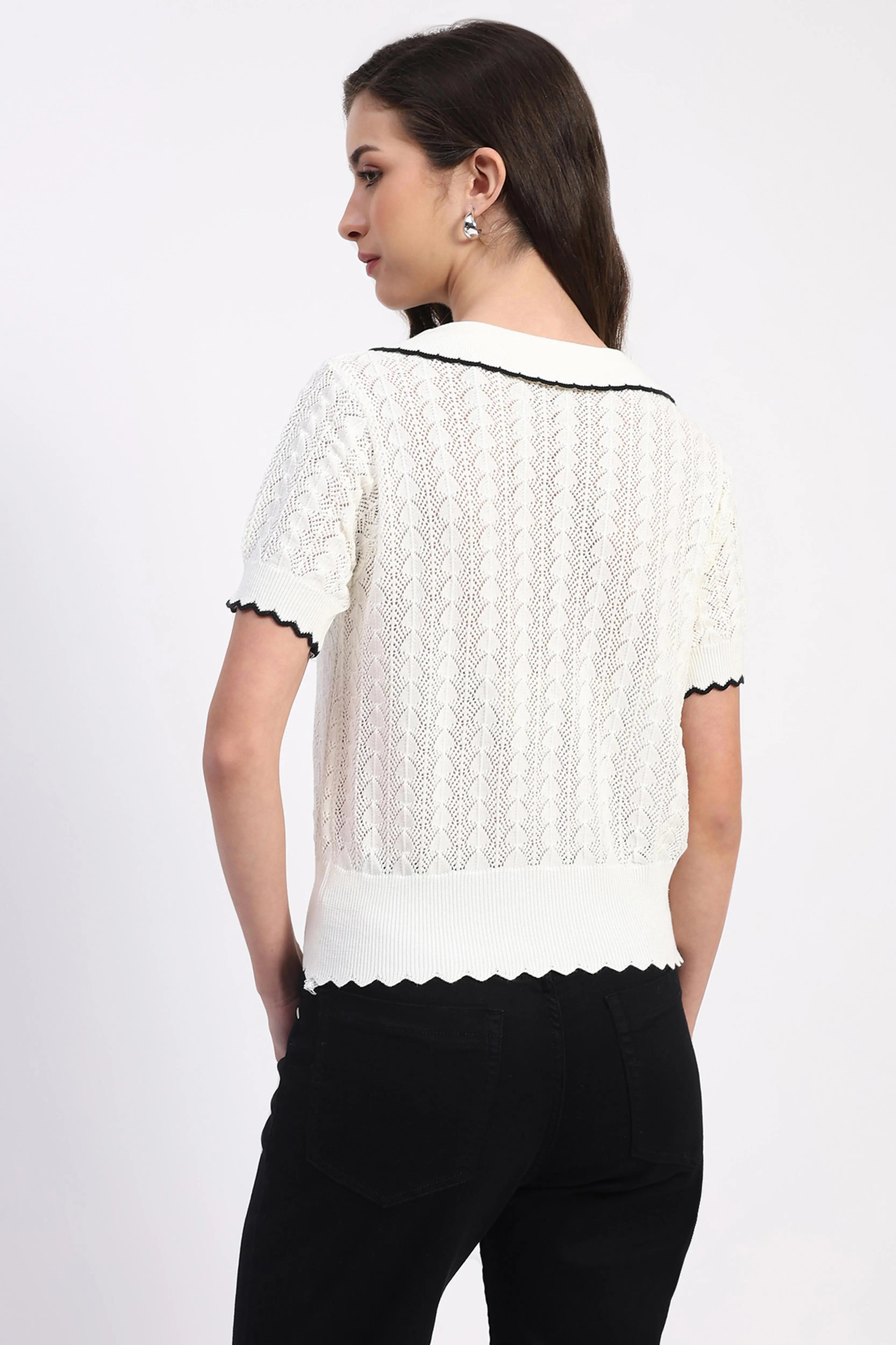 White Scallop Hem Knitted Top - Global Republic