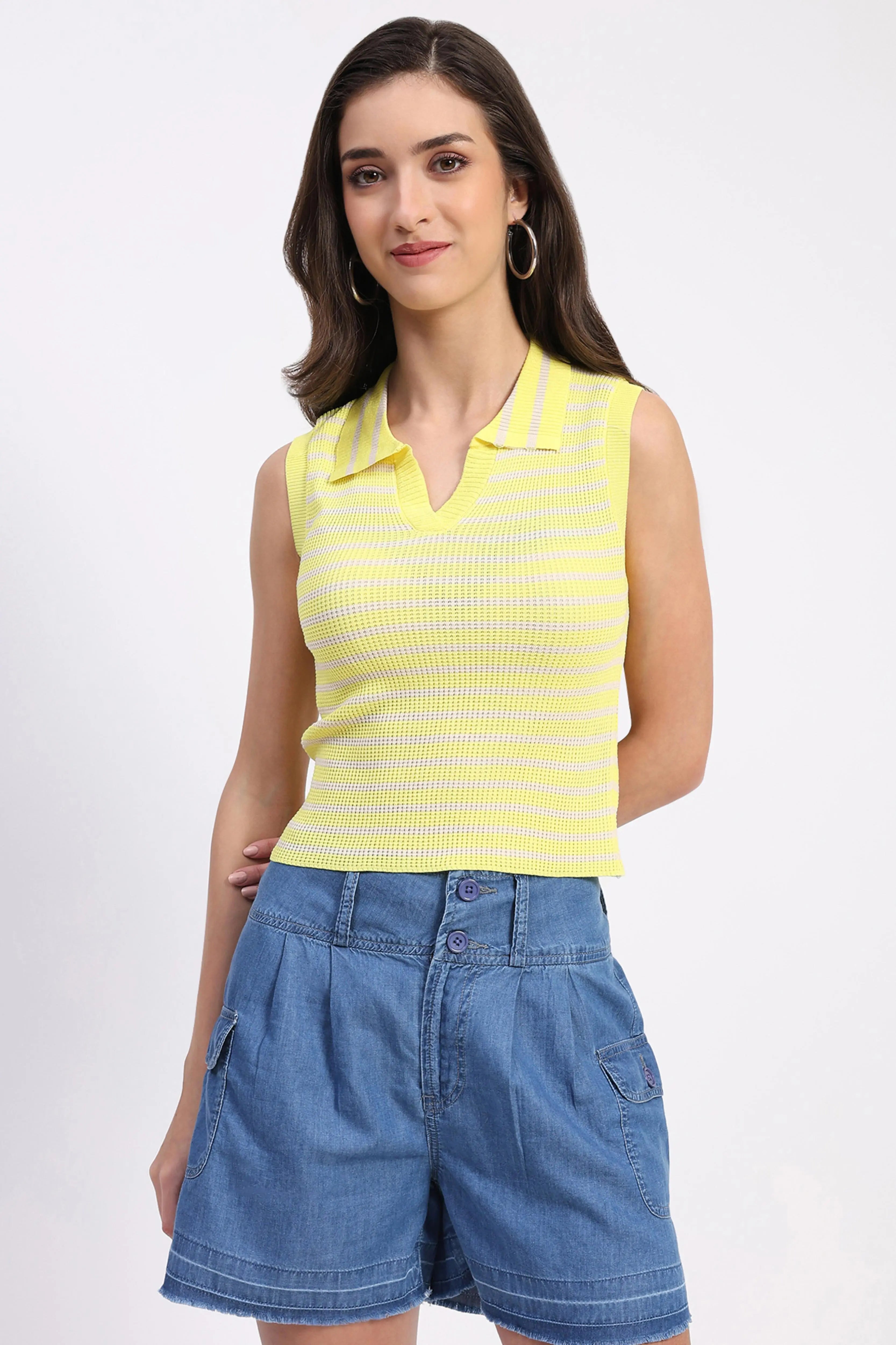 Yellow Viscose Striped Crop Top - Global Republic