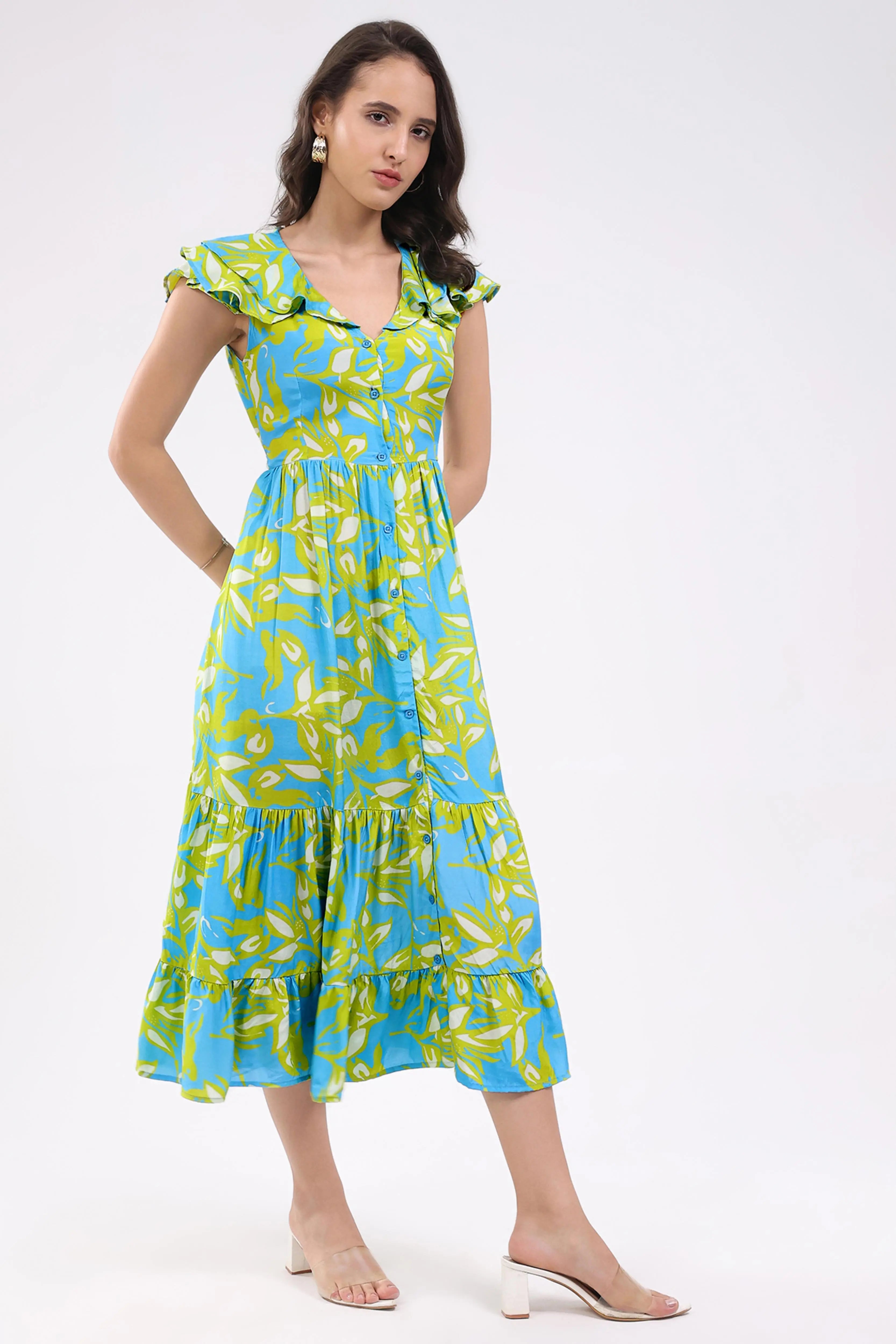 Sky & Lime Abstract Tiered Midi Dress - Global Republic