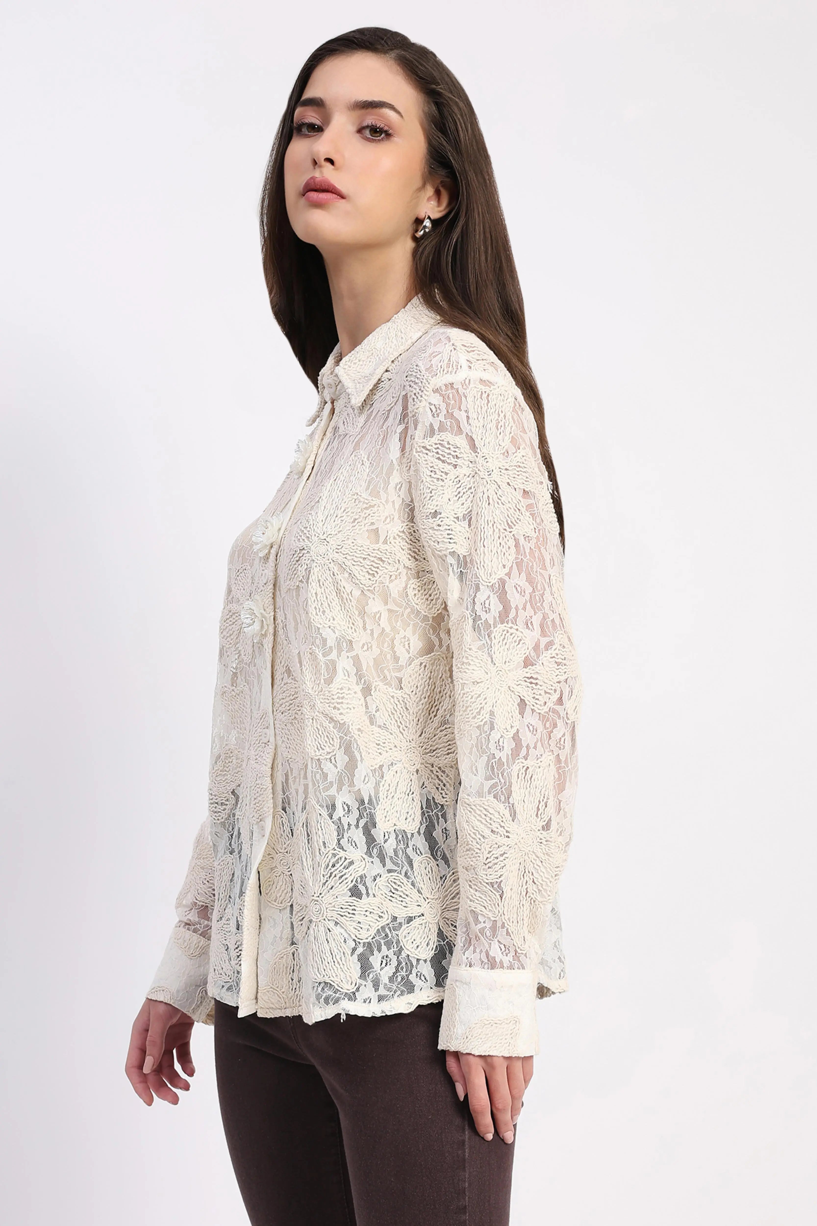 Off-White Sheer Lace Embroidered Shirt - Global Republic