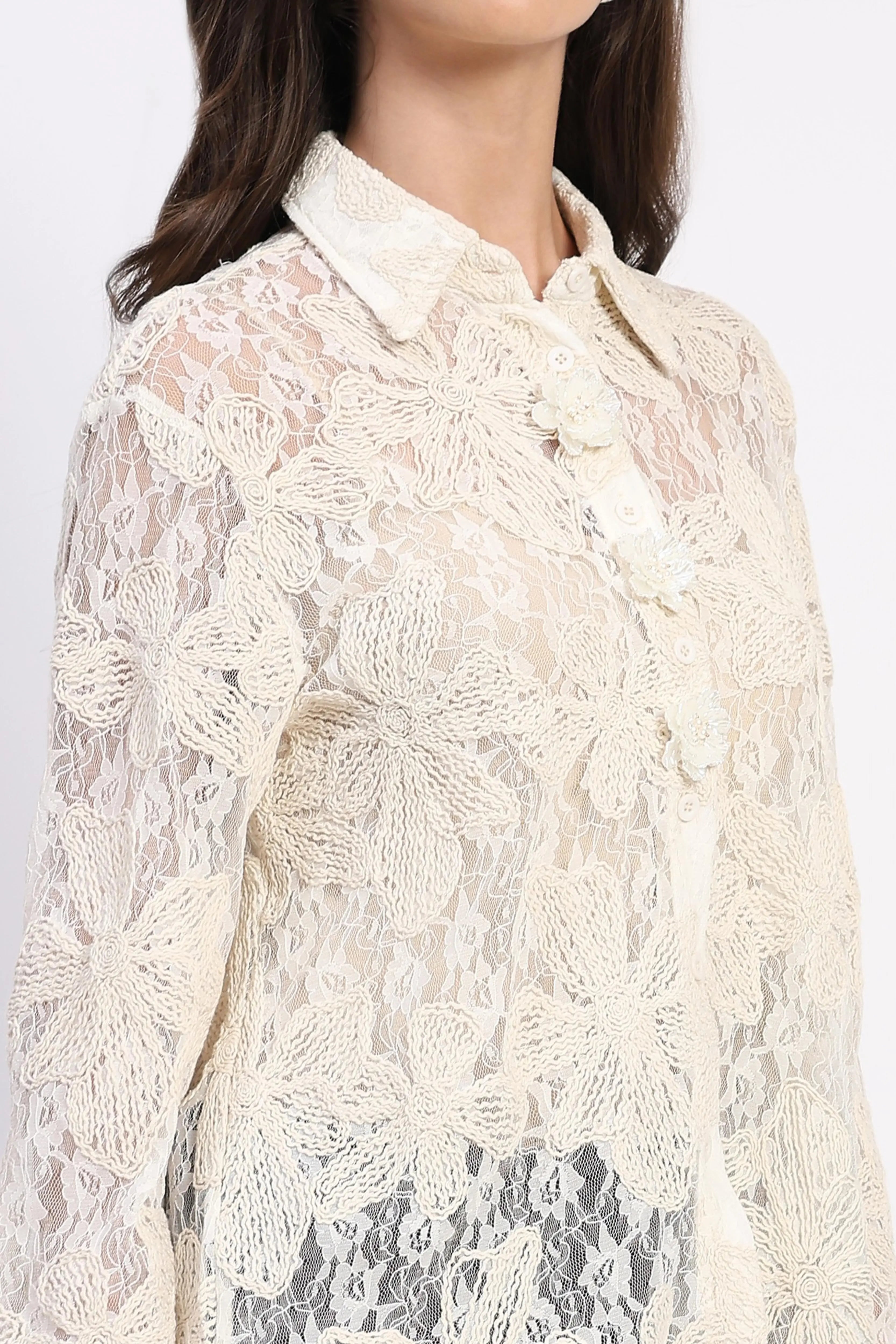 Off-White Sheer Lace Embroidered Shirt - Global Republic