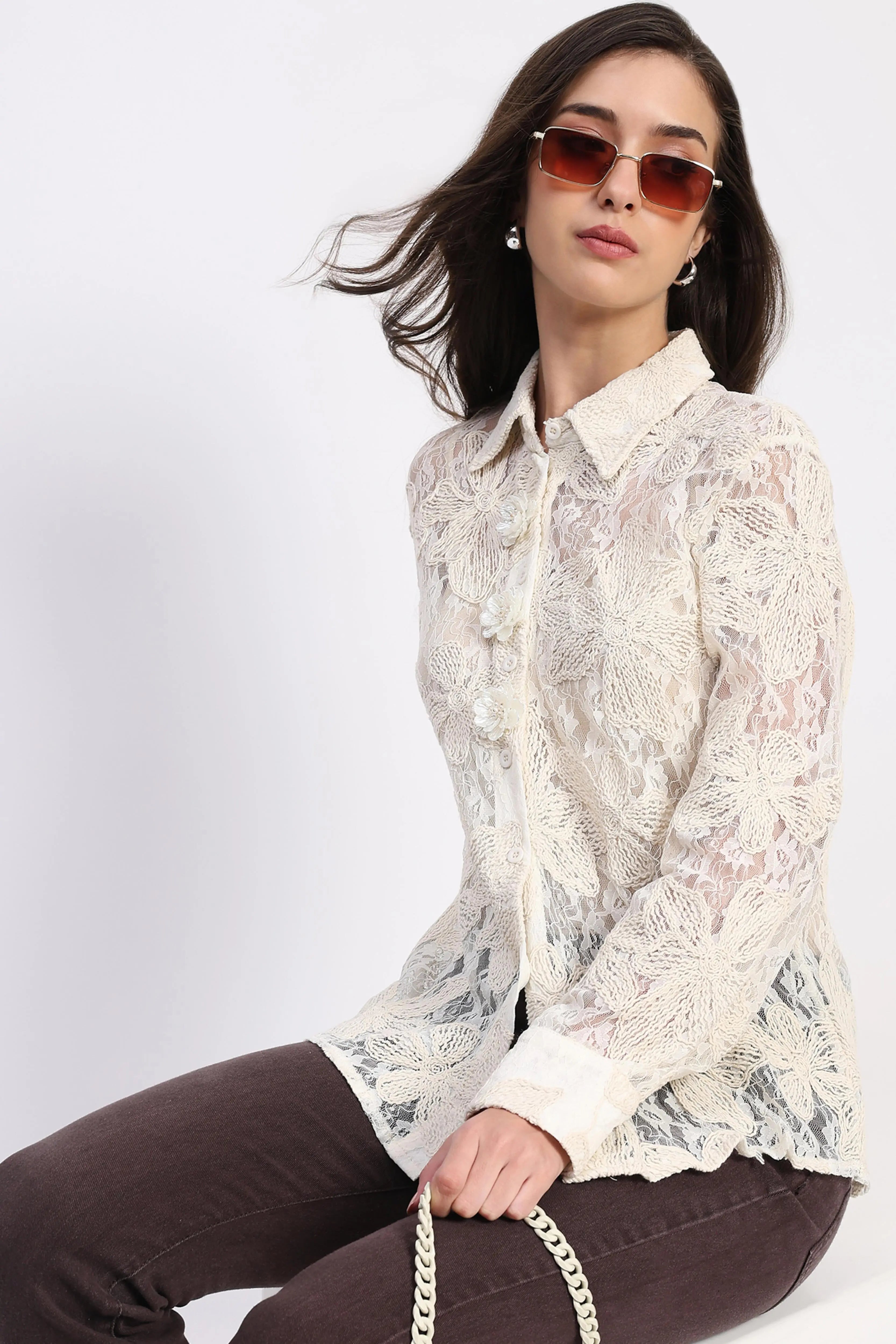 Off-White Sheer Lace Embroidered Shirt - Global Republic