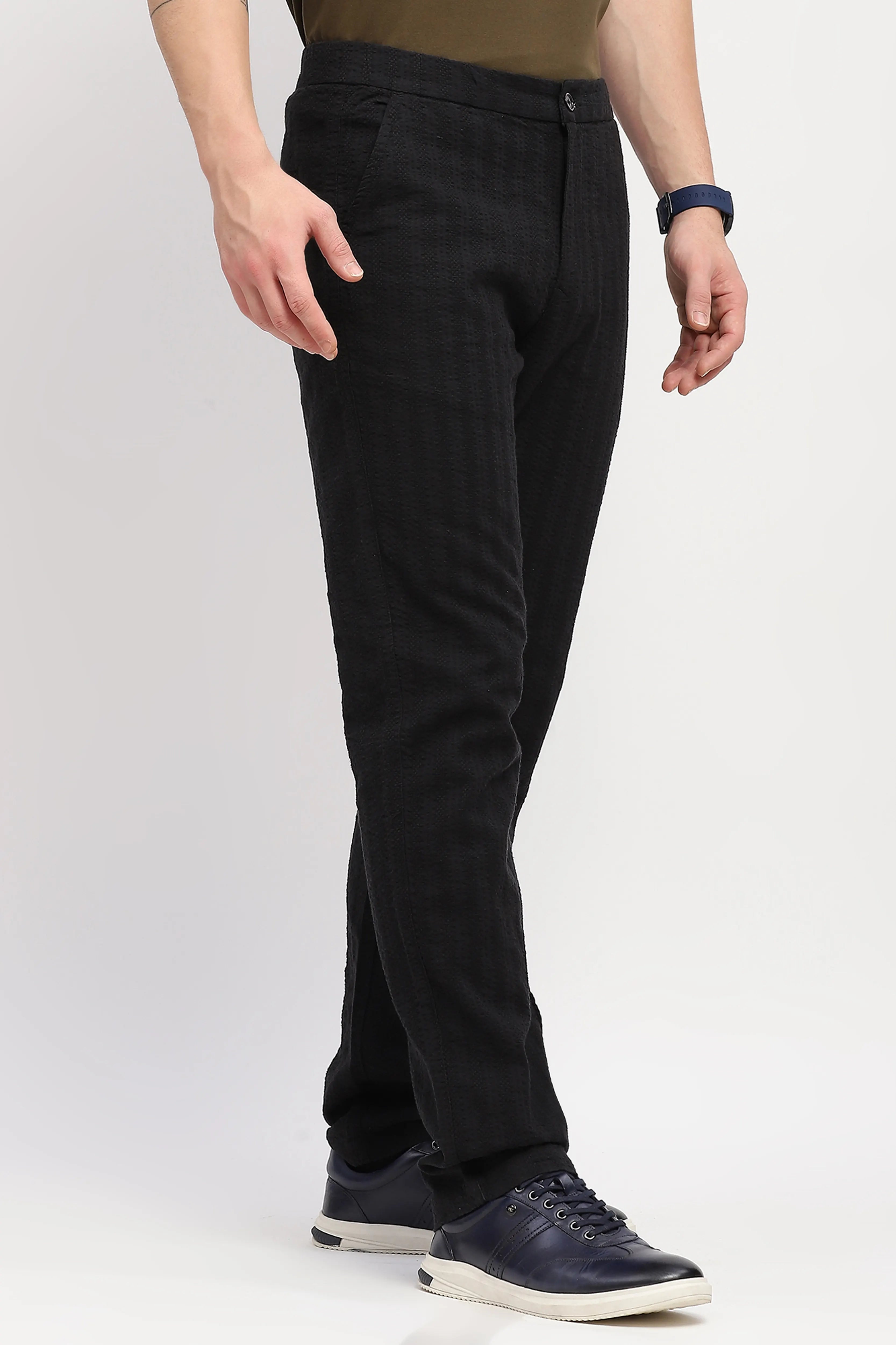 Black Self-Striped Cotton Trousers