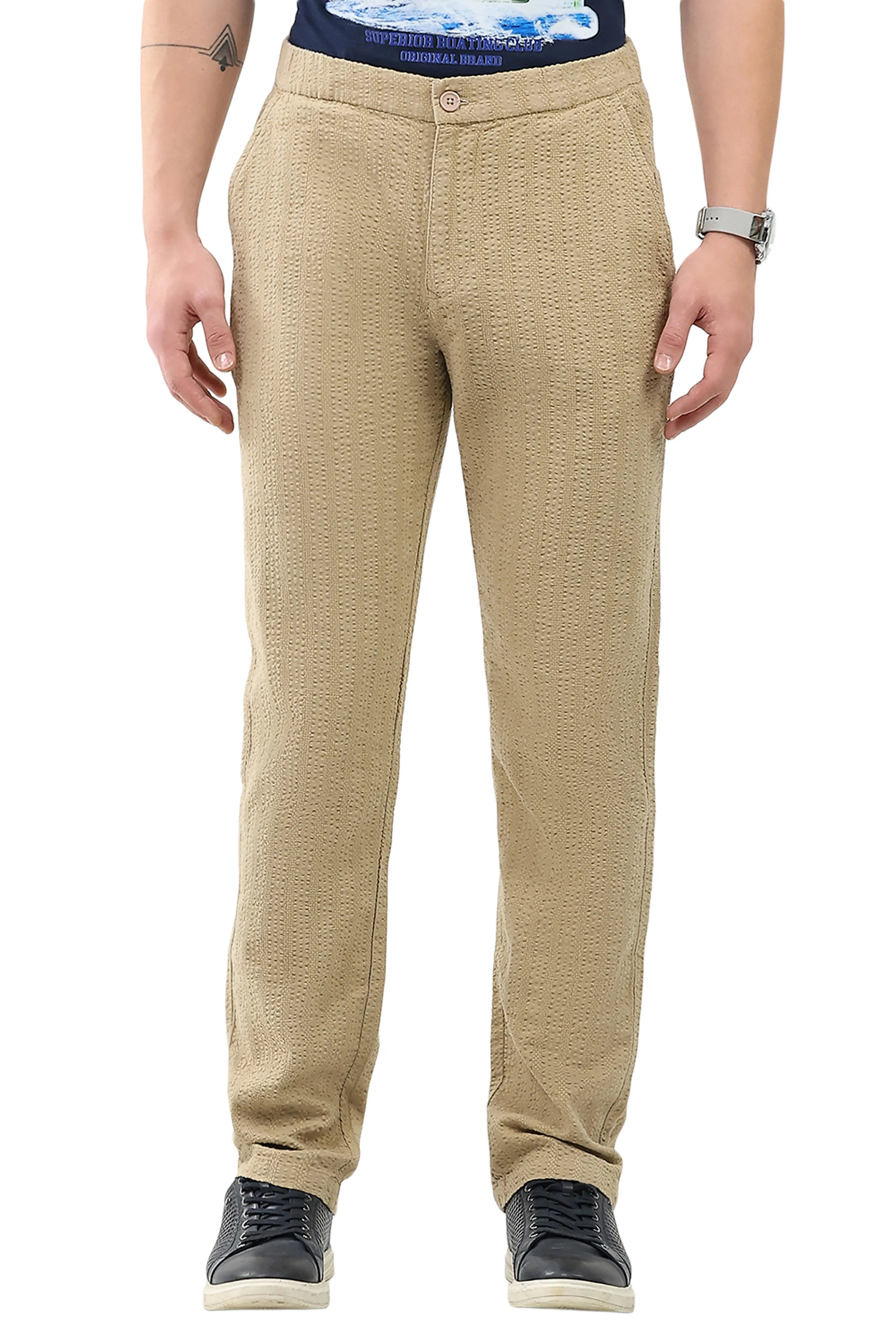 Khakhi Self-Striped Cotton Trousers