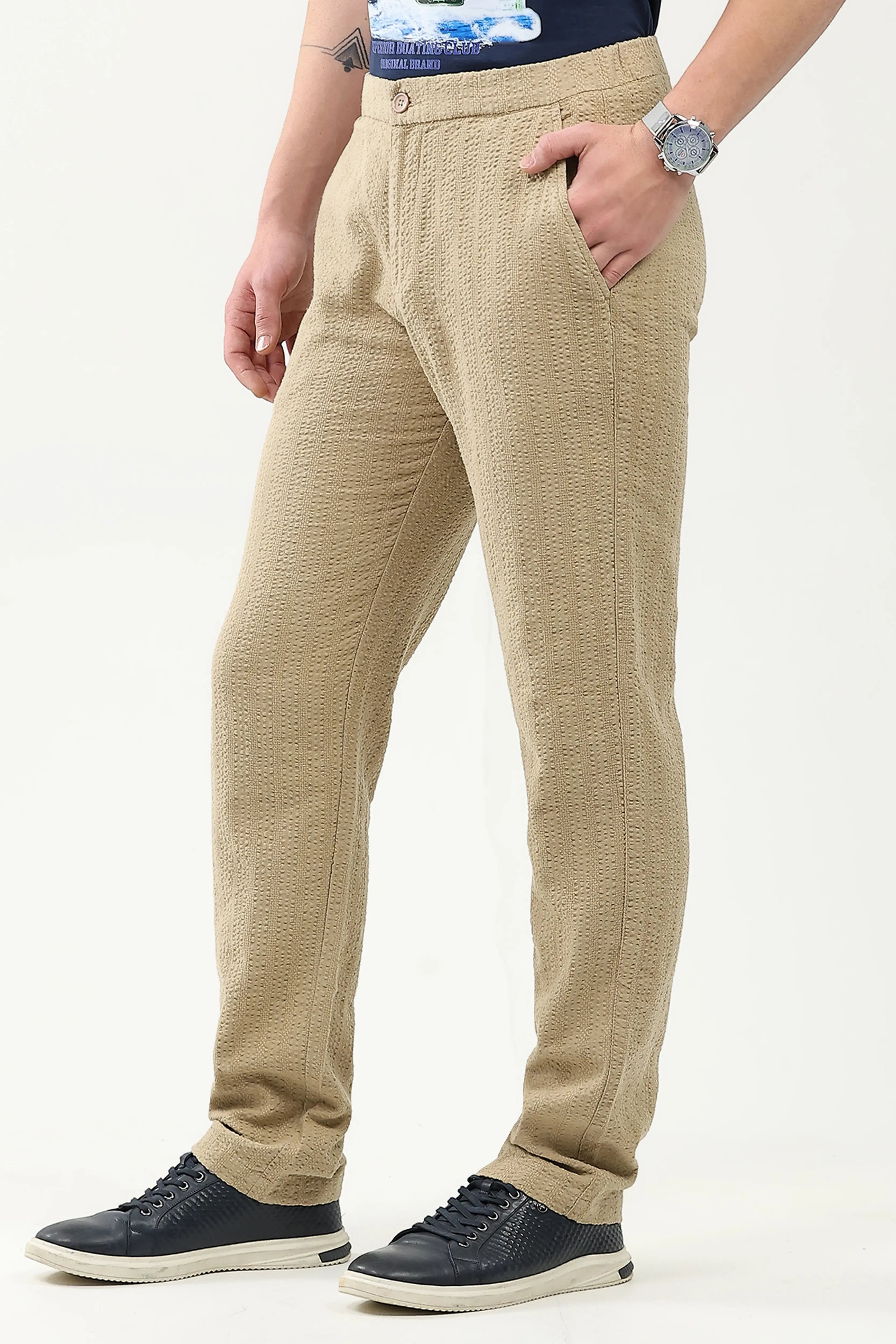 Khakhi Self-Striped Cotton Trousers
