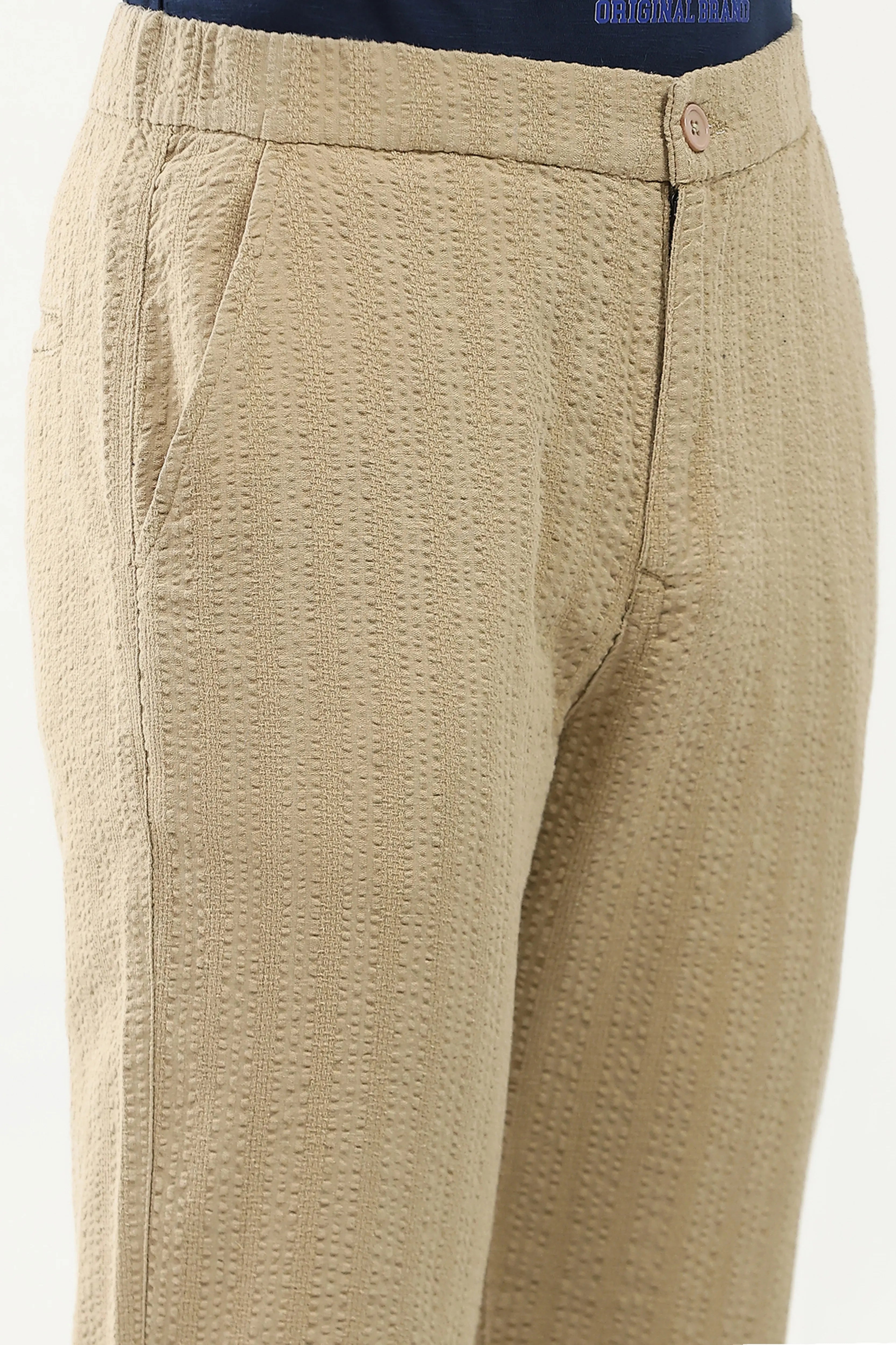 Khakhi Self-Striped Cotton Trousers