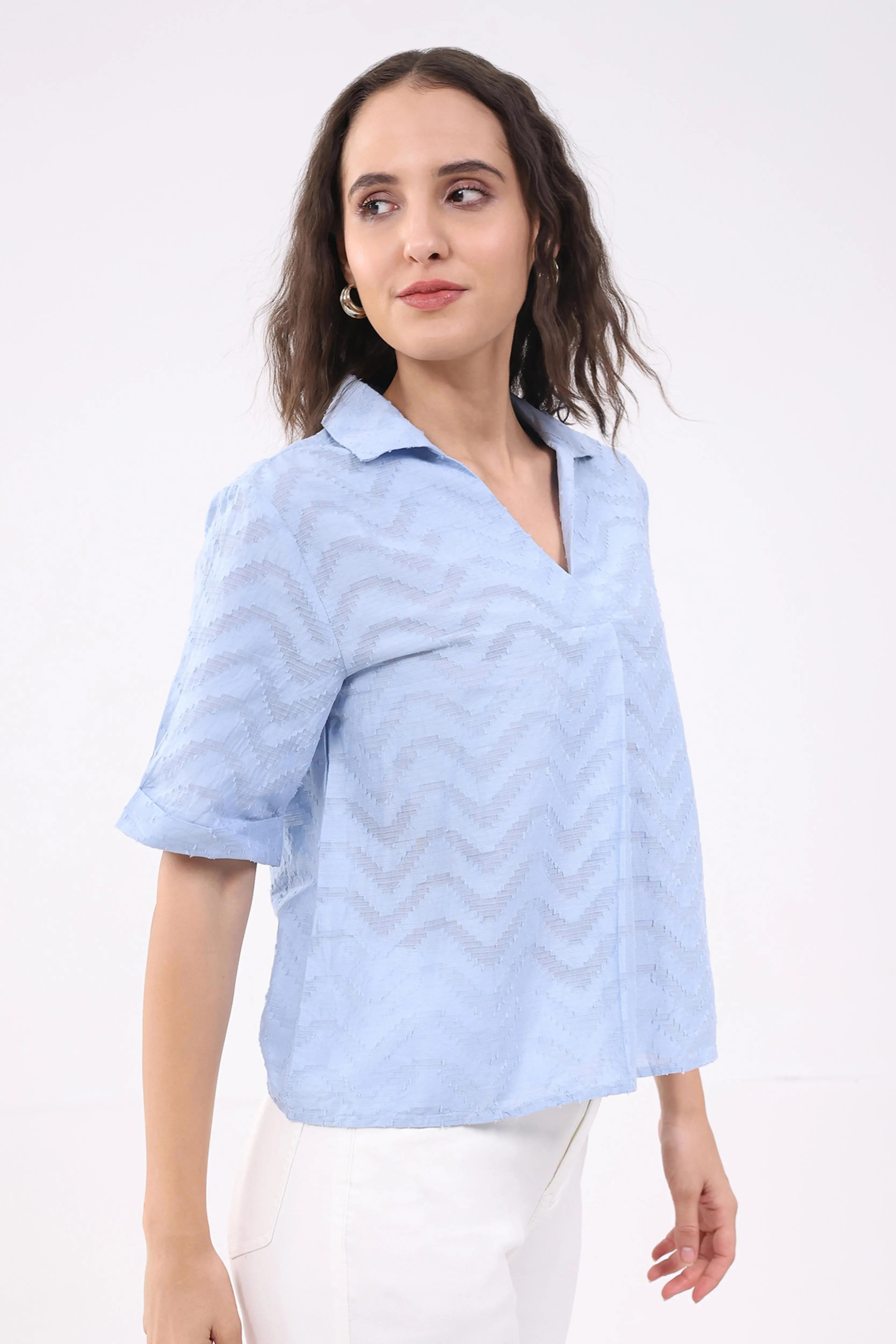 Blue Blouson Dobby Cotton Top - Global Republic
