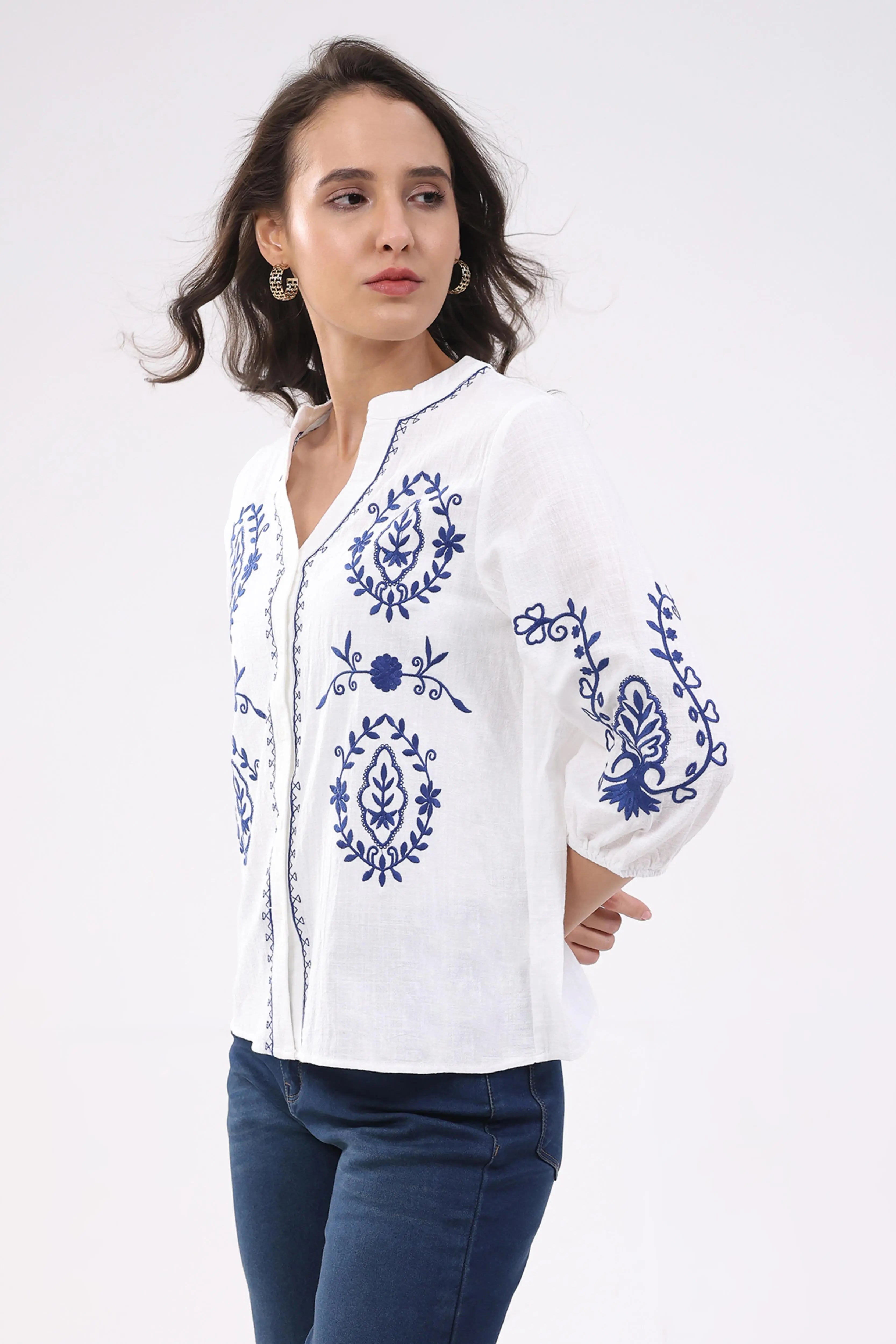 White & Navy Embroidered Shirt - Global Republic