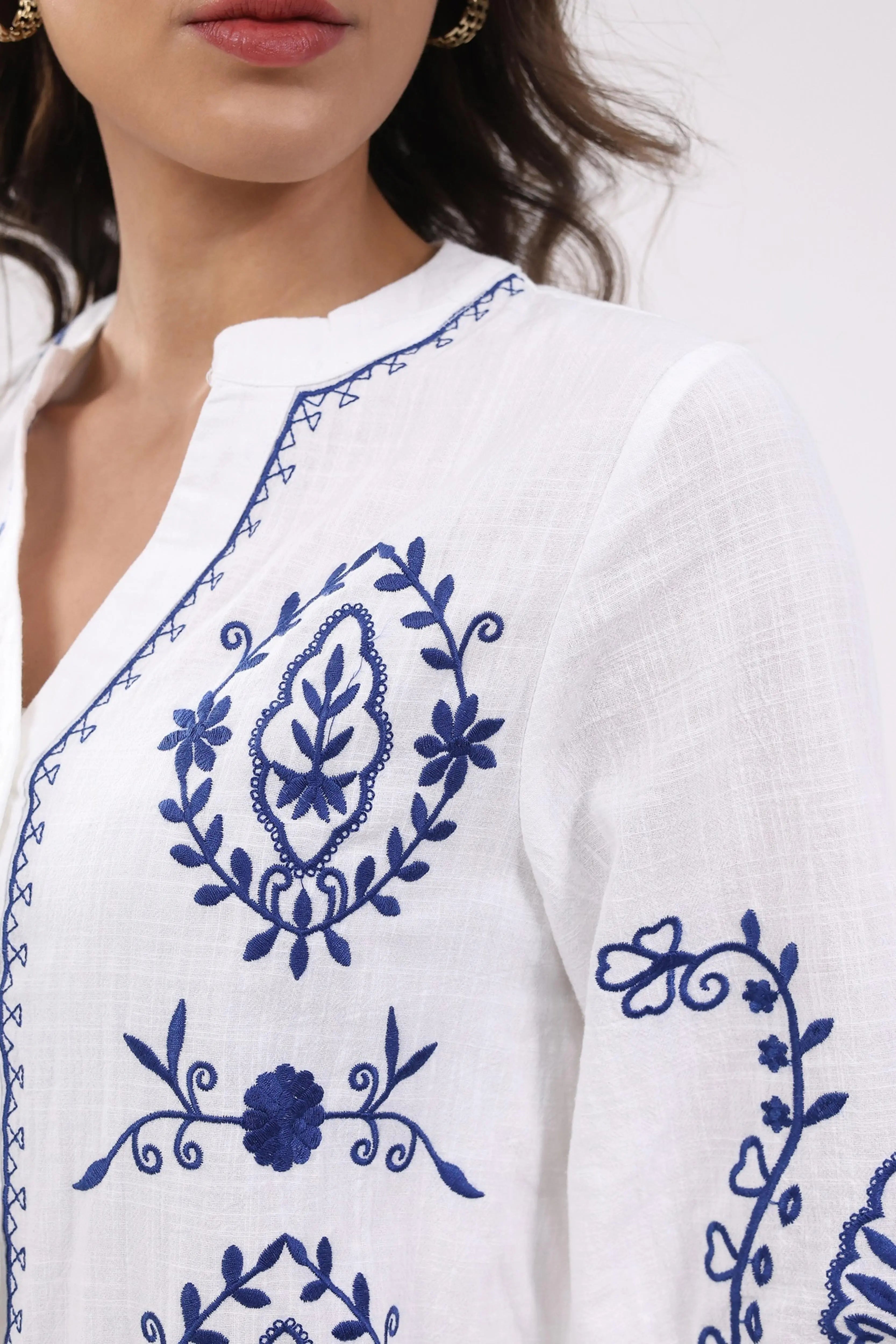 White & Navy Embroidered Shirt - Global Republic