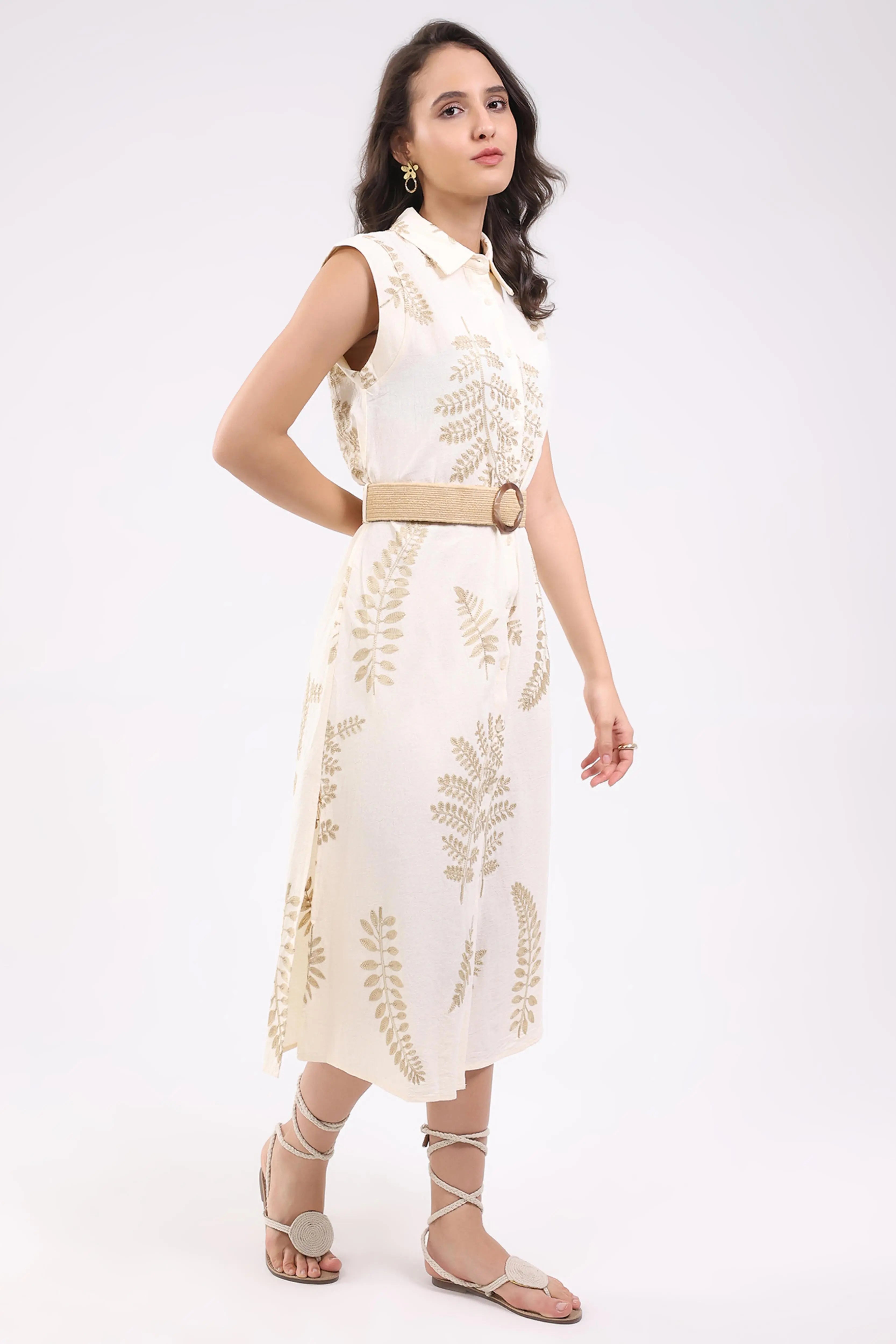Beige Embroidered Shirt dress - Global Republic