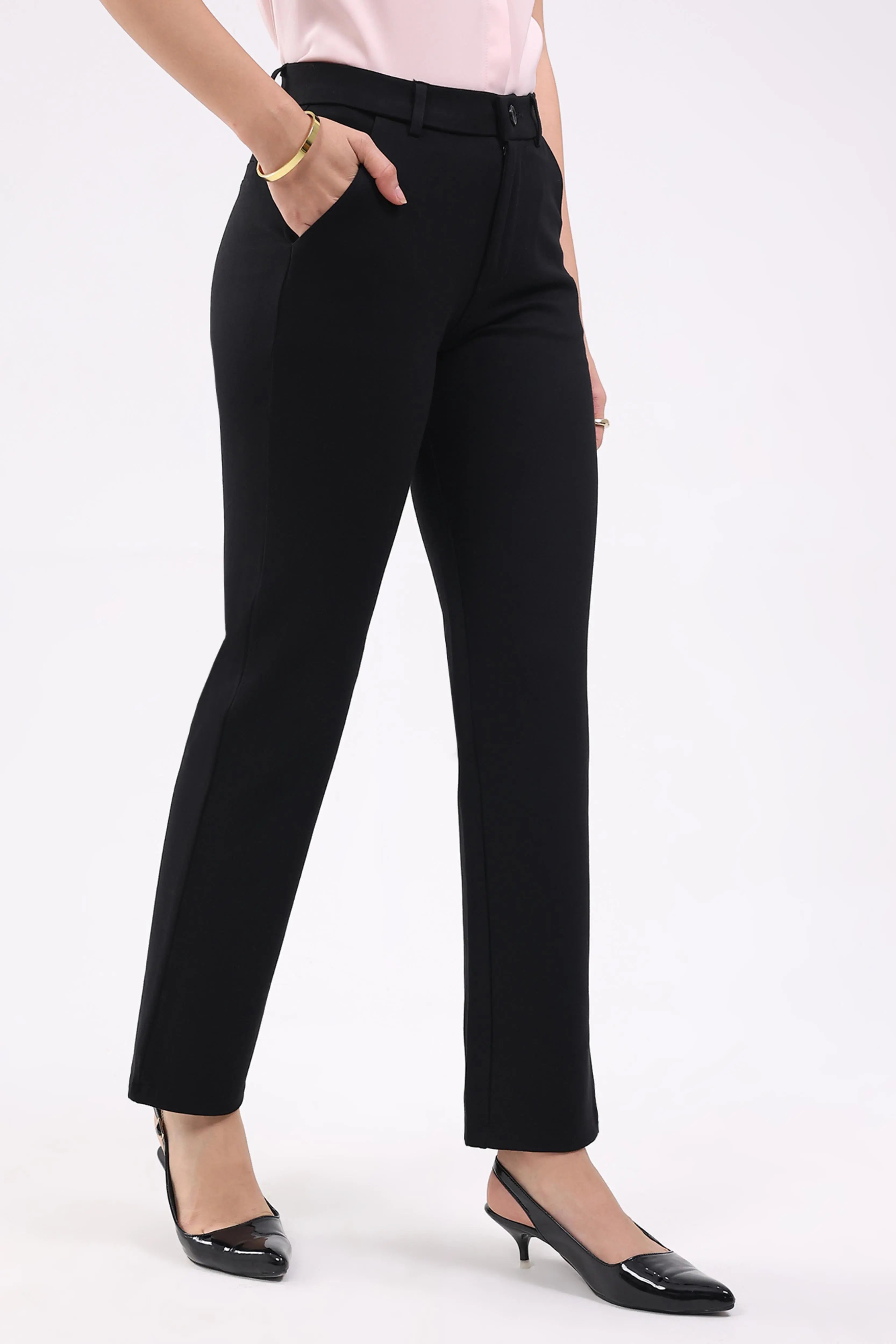 Black Straight Cotton Spandex Trousers - Global Republic