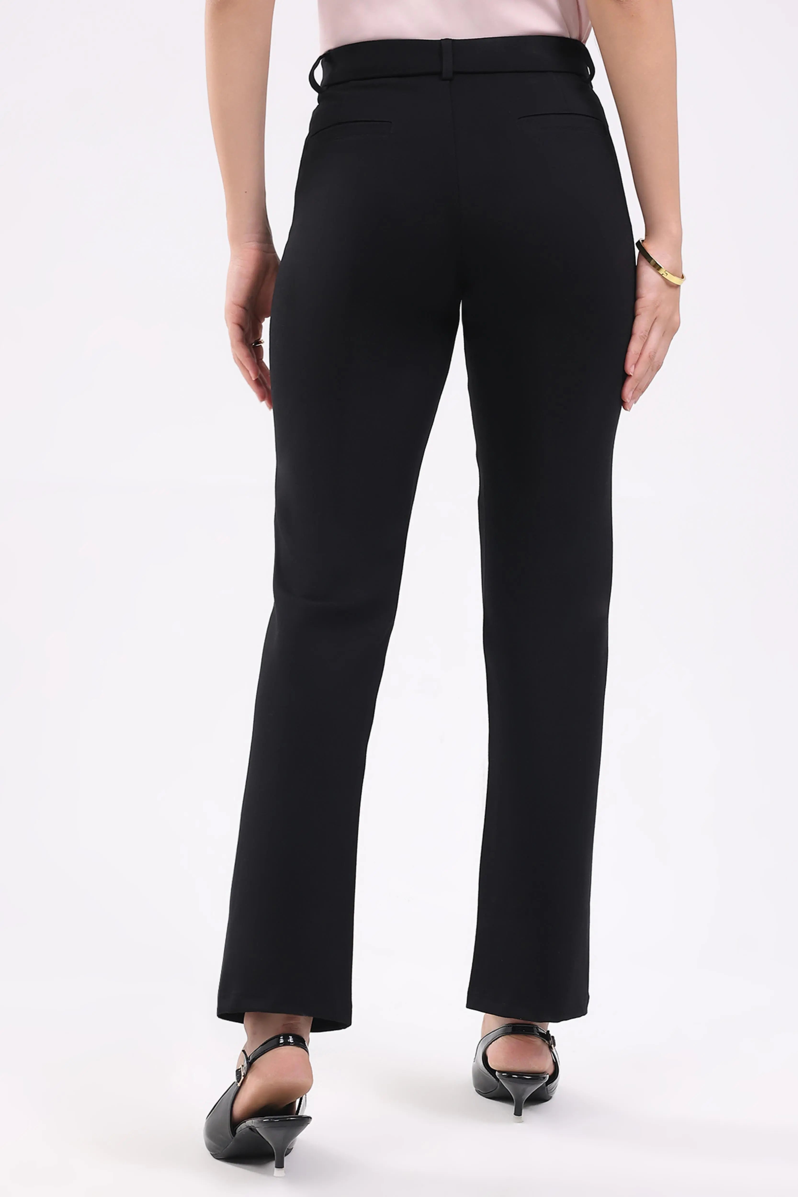 Black Straight Cotton Spandex Trousers - Global Republic