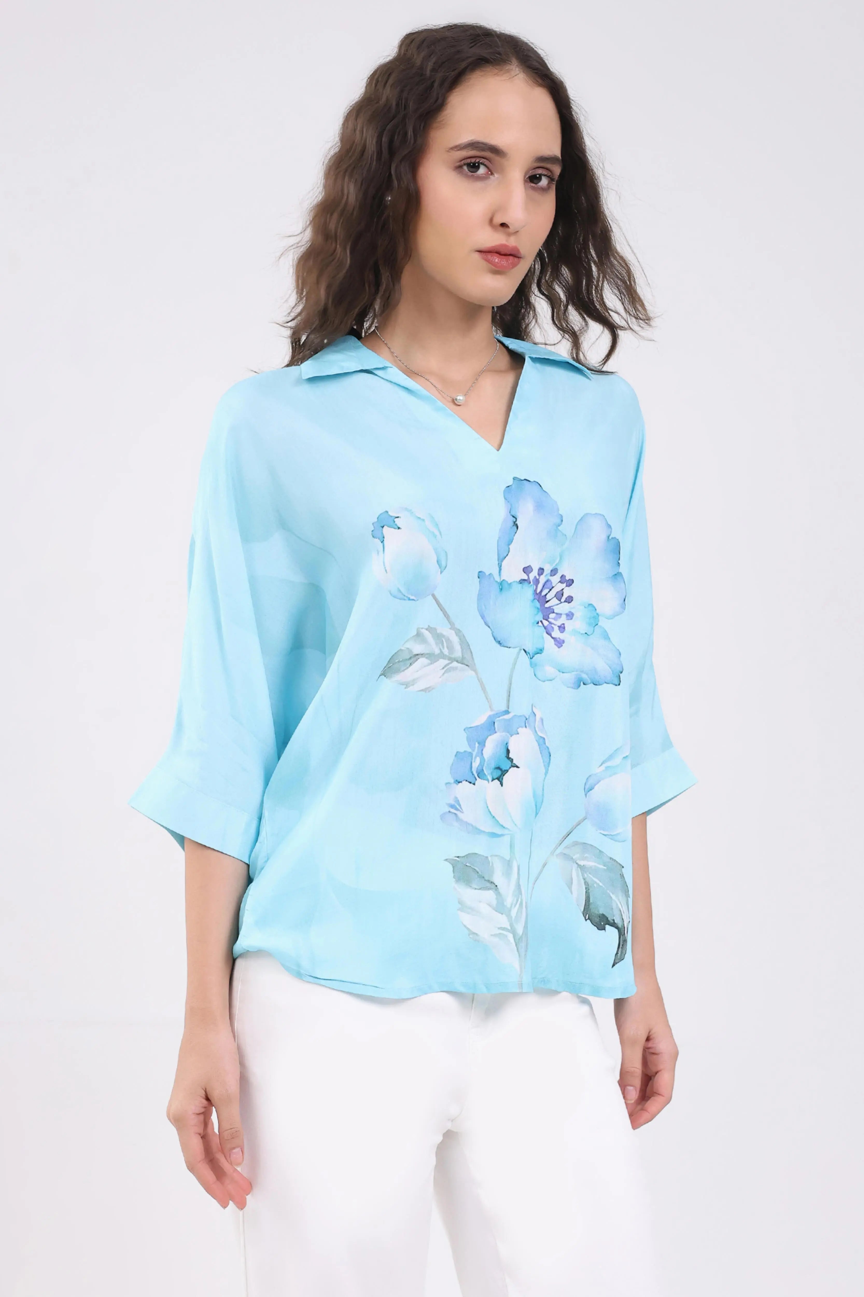 Blue Viscose Floral Loose Top - Global Republic