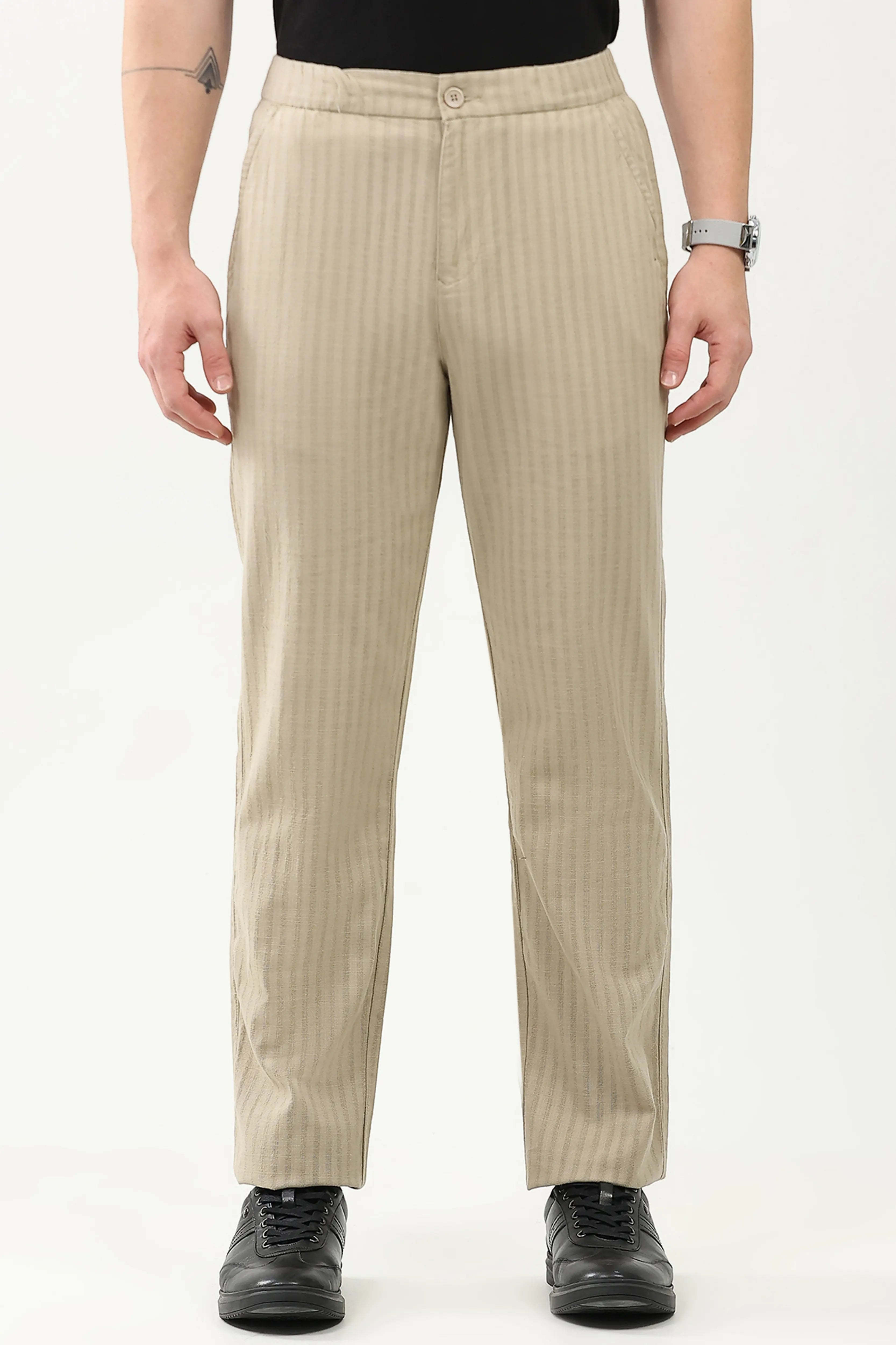 Beige Smart Fit Linen-Blend Trousers