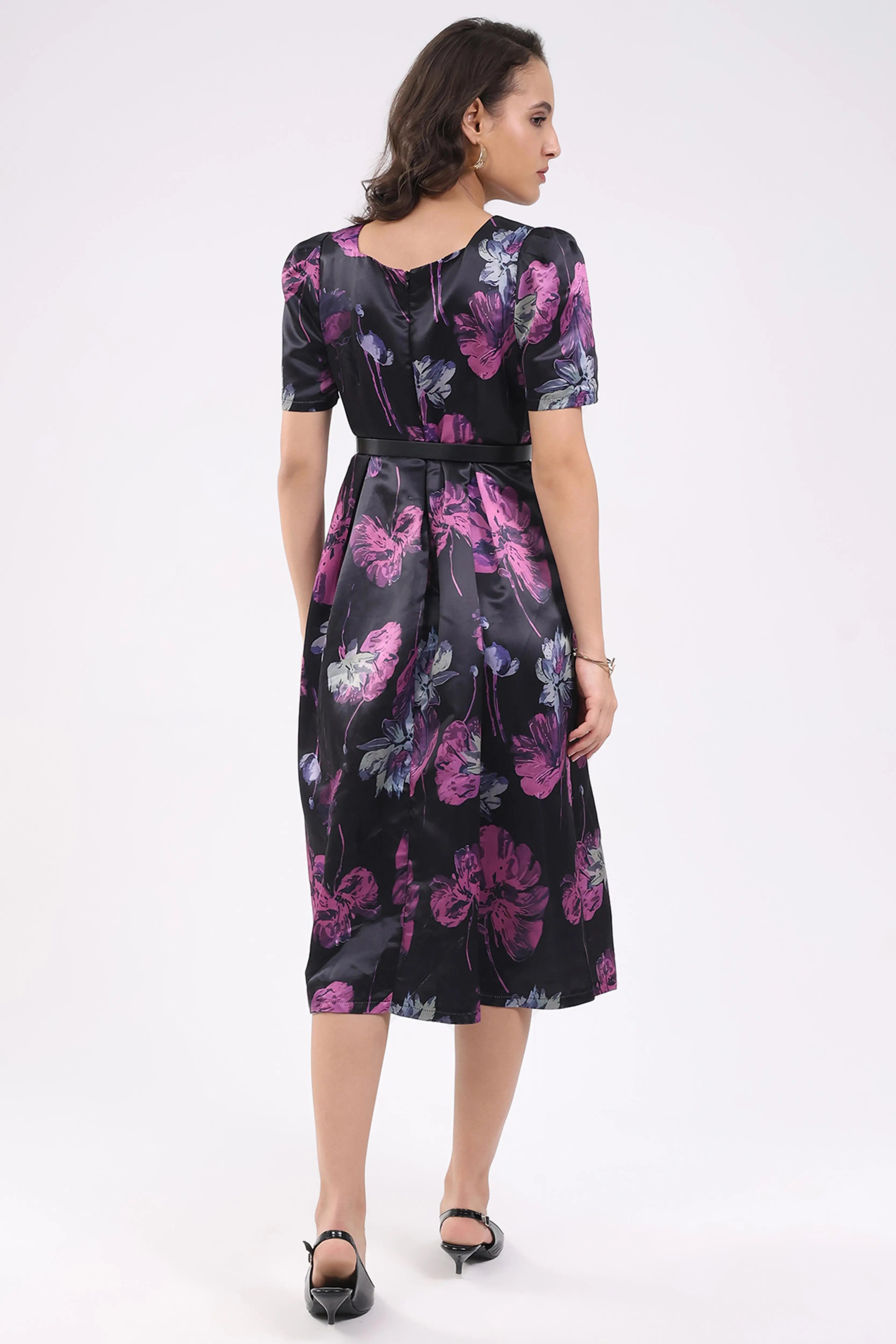 Black Floral Fit & Flare Midi Dress