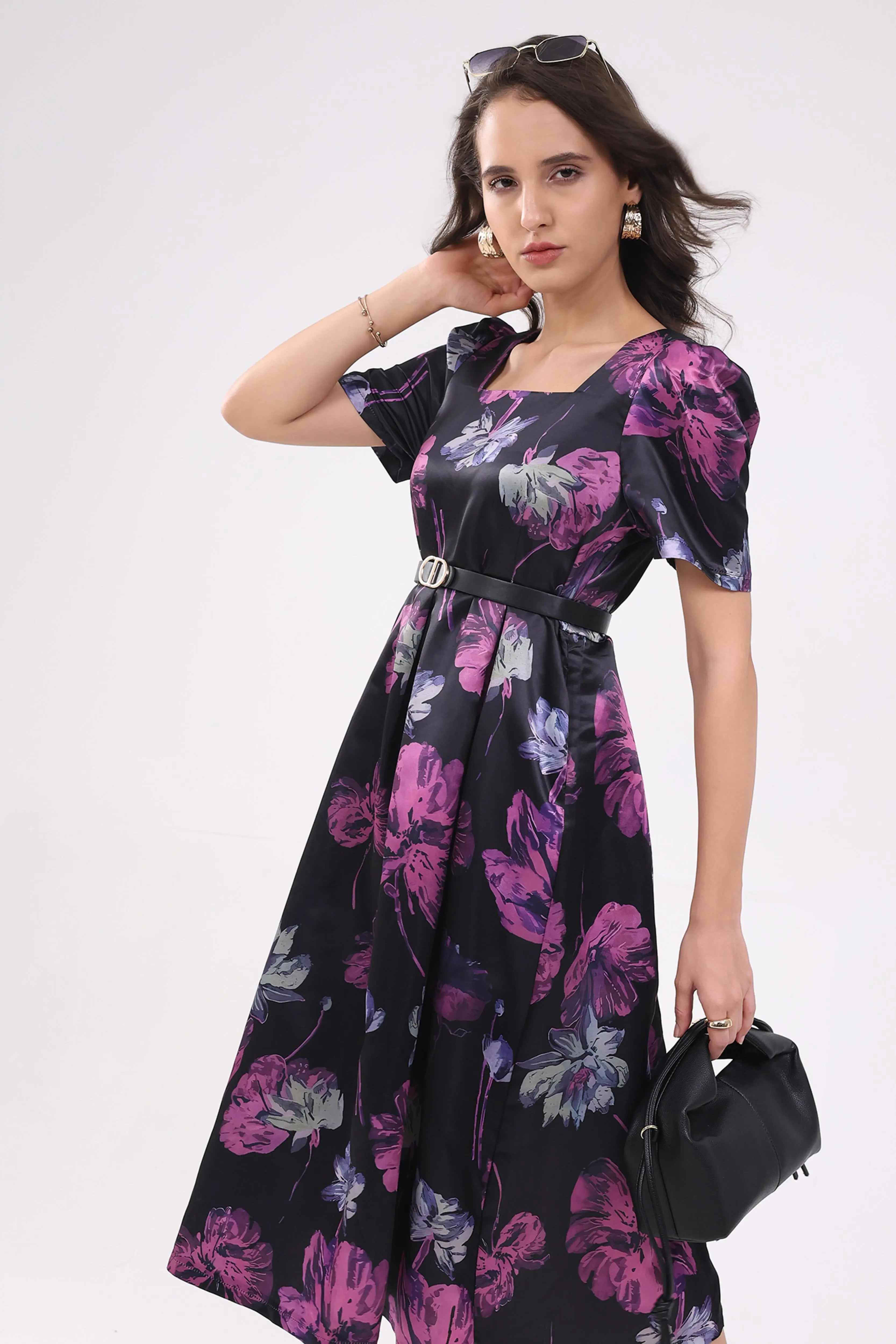 Black Floral Fit & Flare Midi Dress