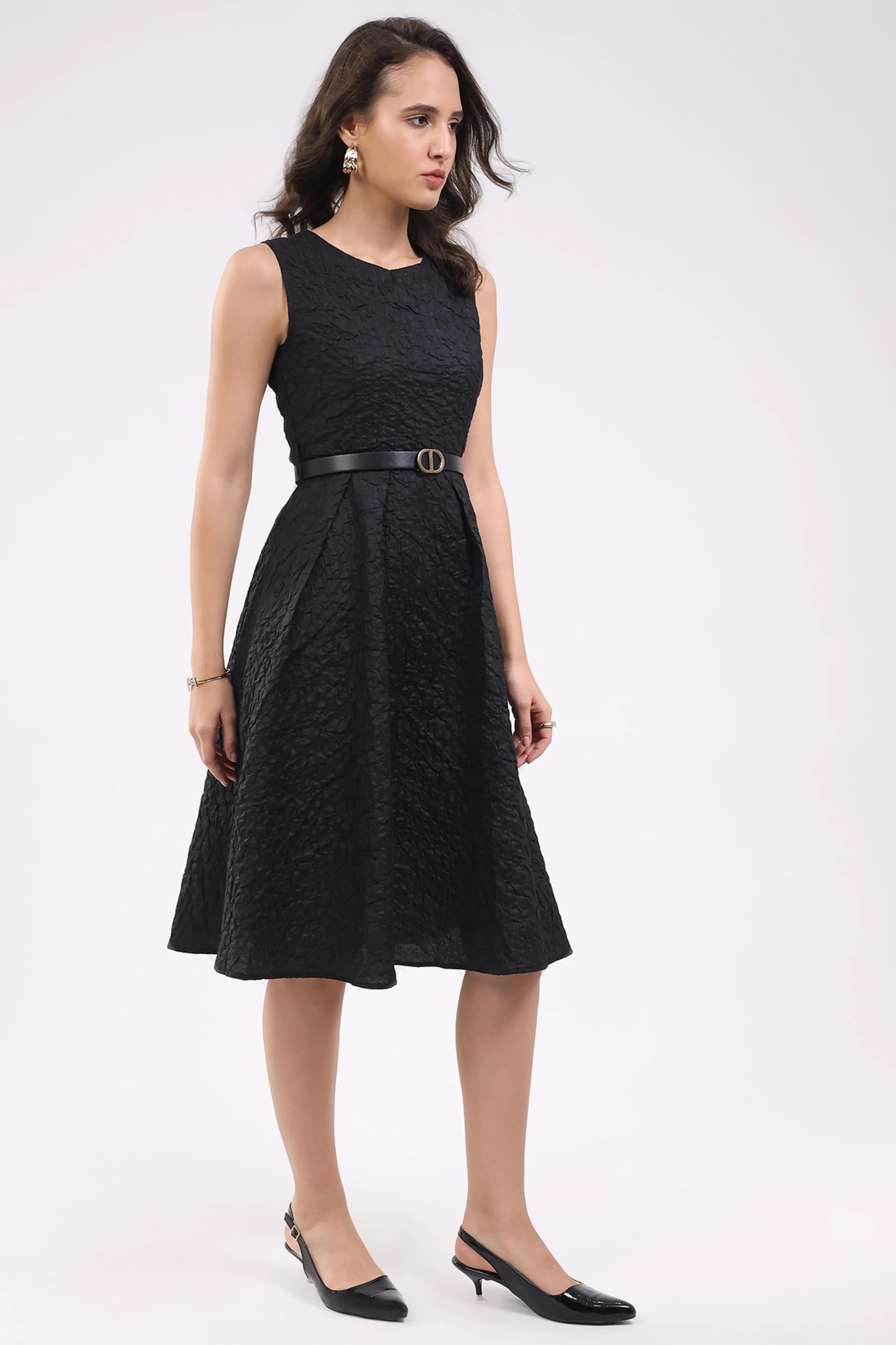 Black Fit & Flare Textured Midi Dress - Global Republic