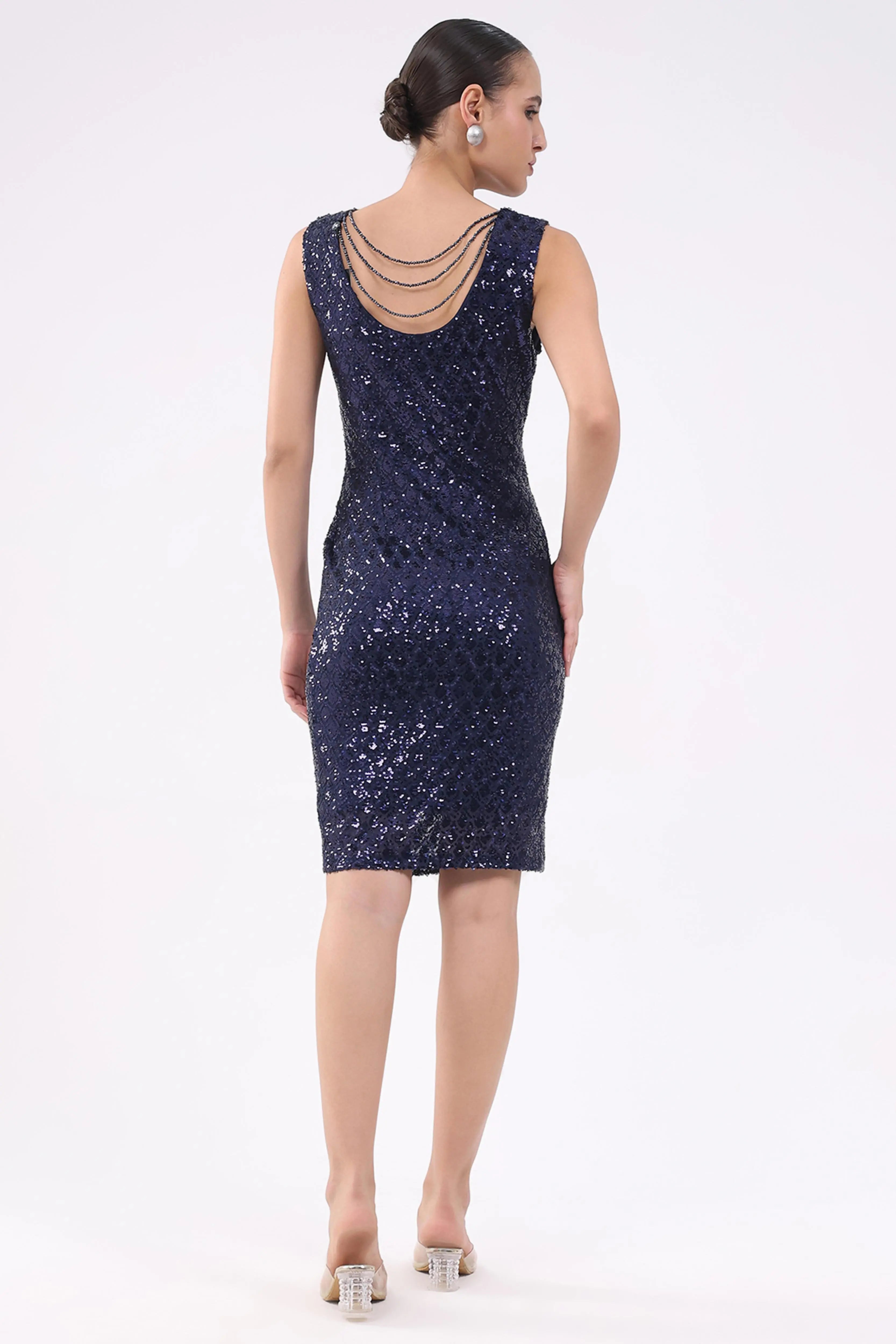 Navy Sequined Stretch Sheath Dress - Global Republic