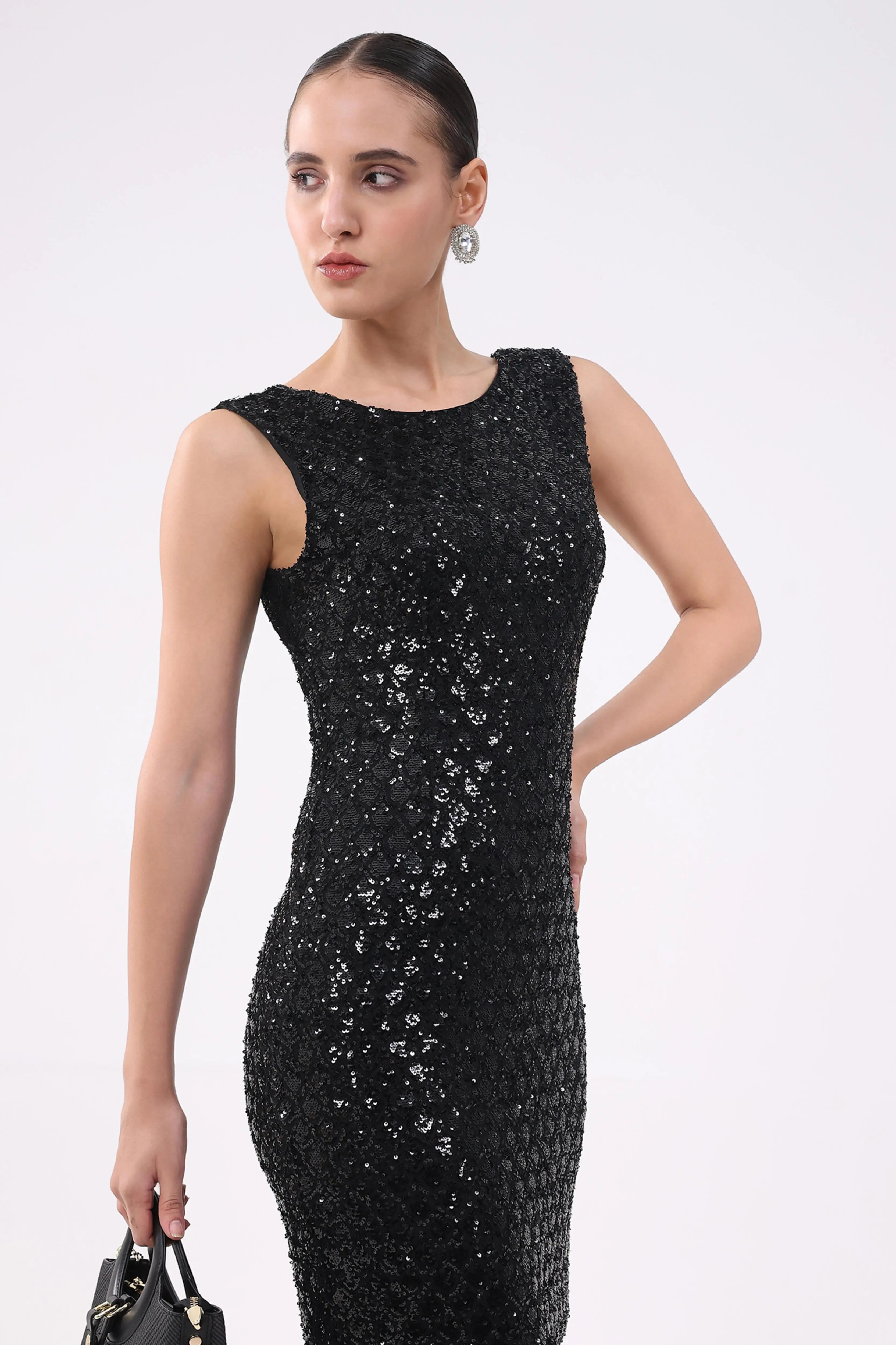 Black Sequined Stretch Sheath Dress - Global Republic
