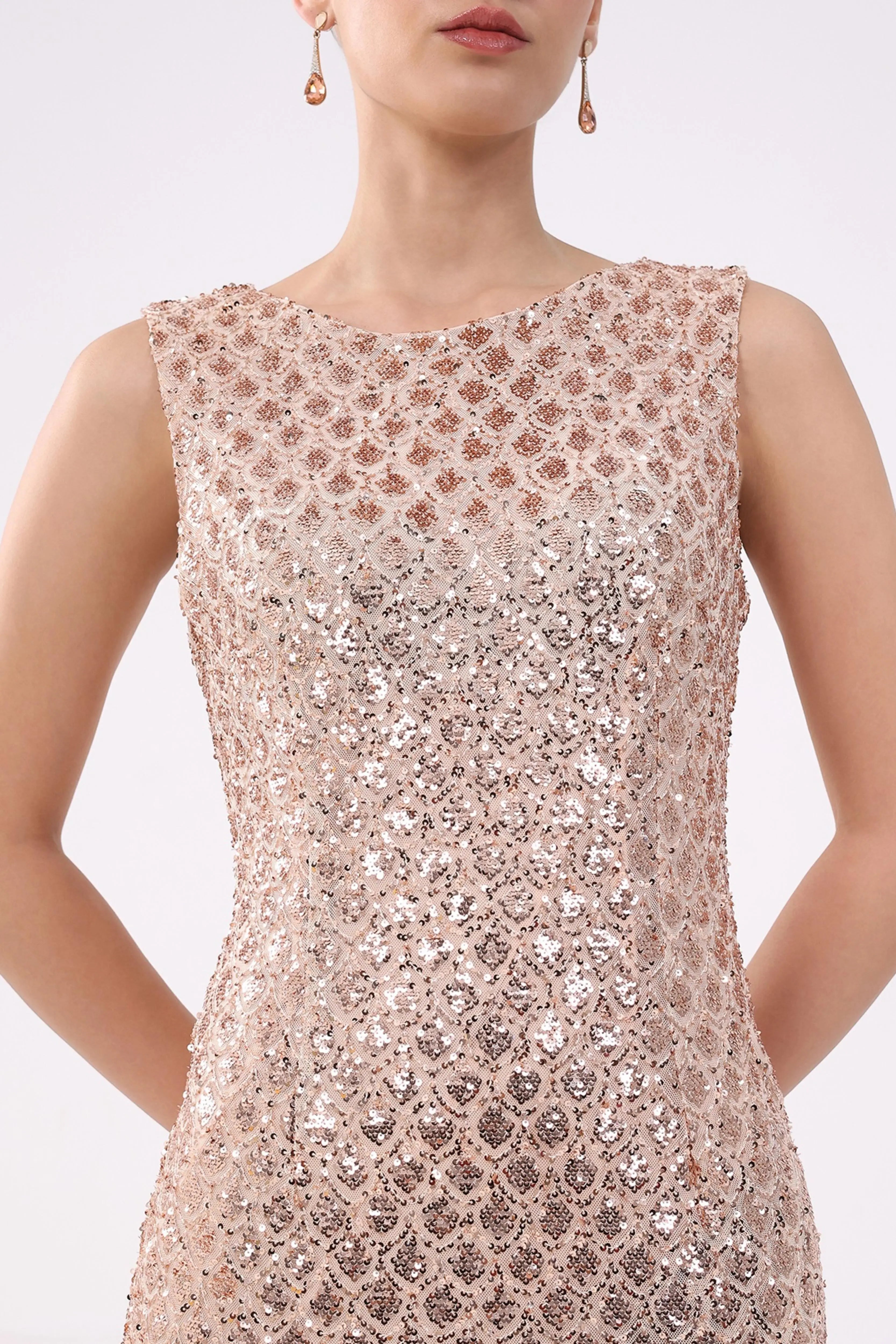 Beige Sequined Stretch Sheath Dress - Global Republic