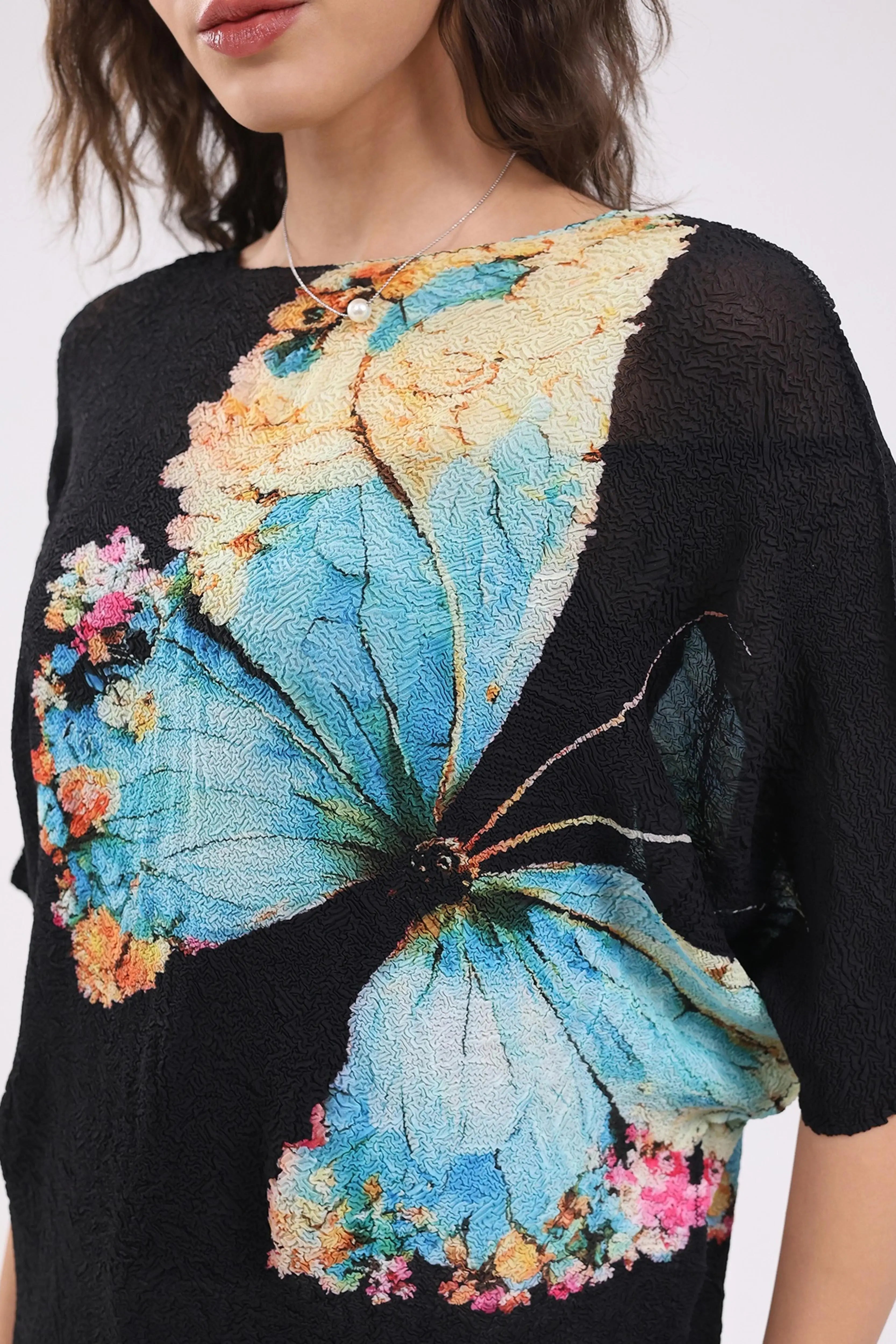 Black Butterfly Print Stretchable Top - Global Republic