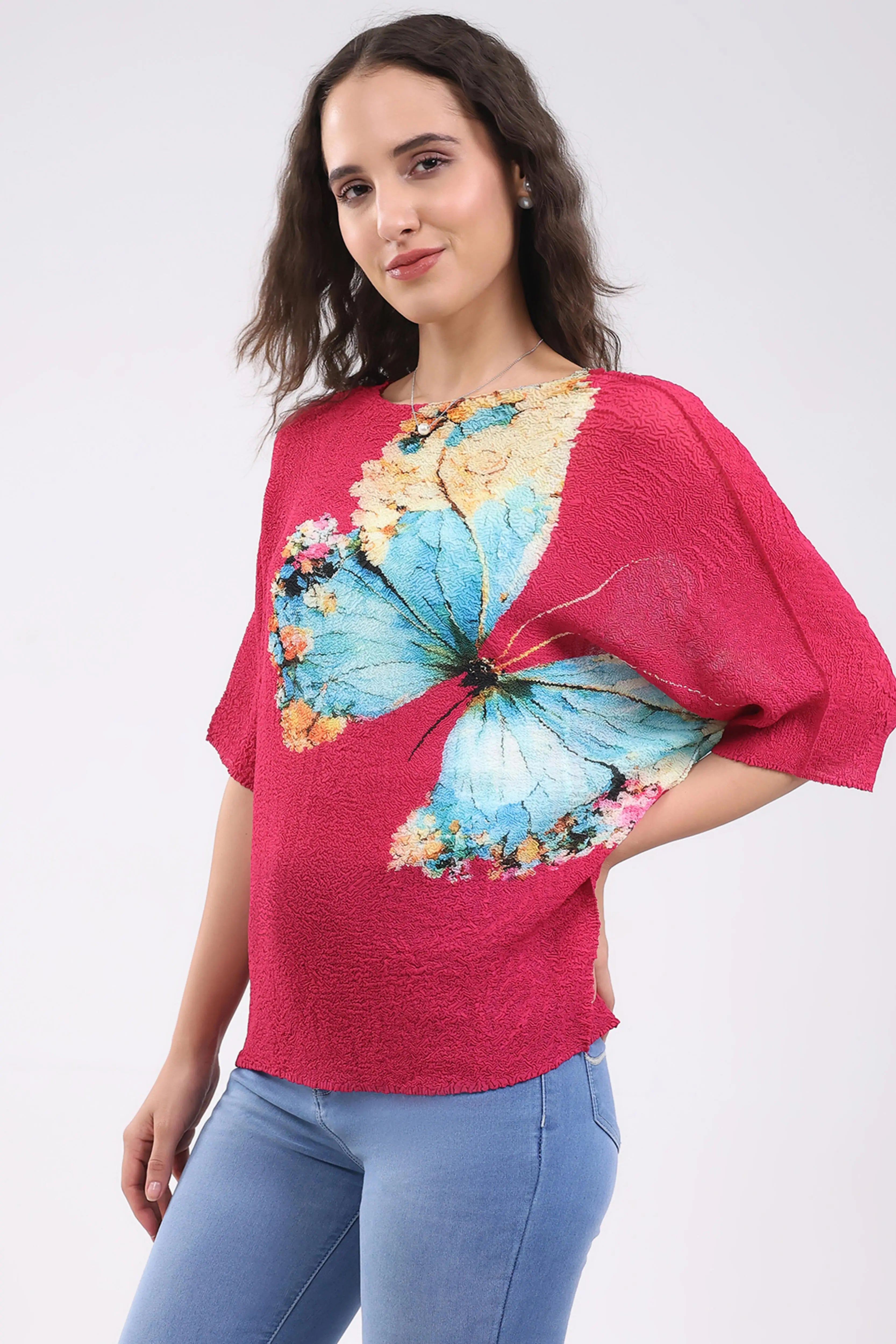 Pink Butterfly Print Stretchable Top - Global Republic