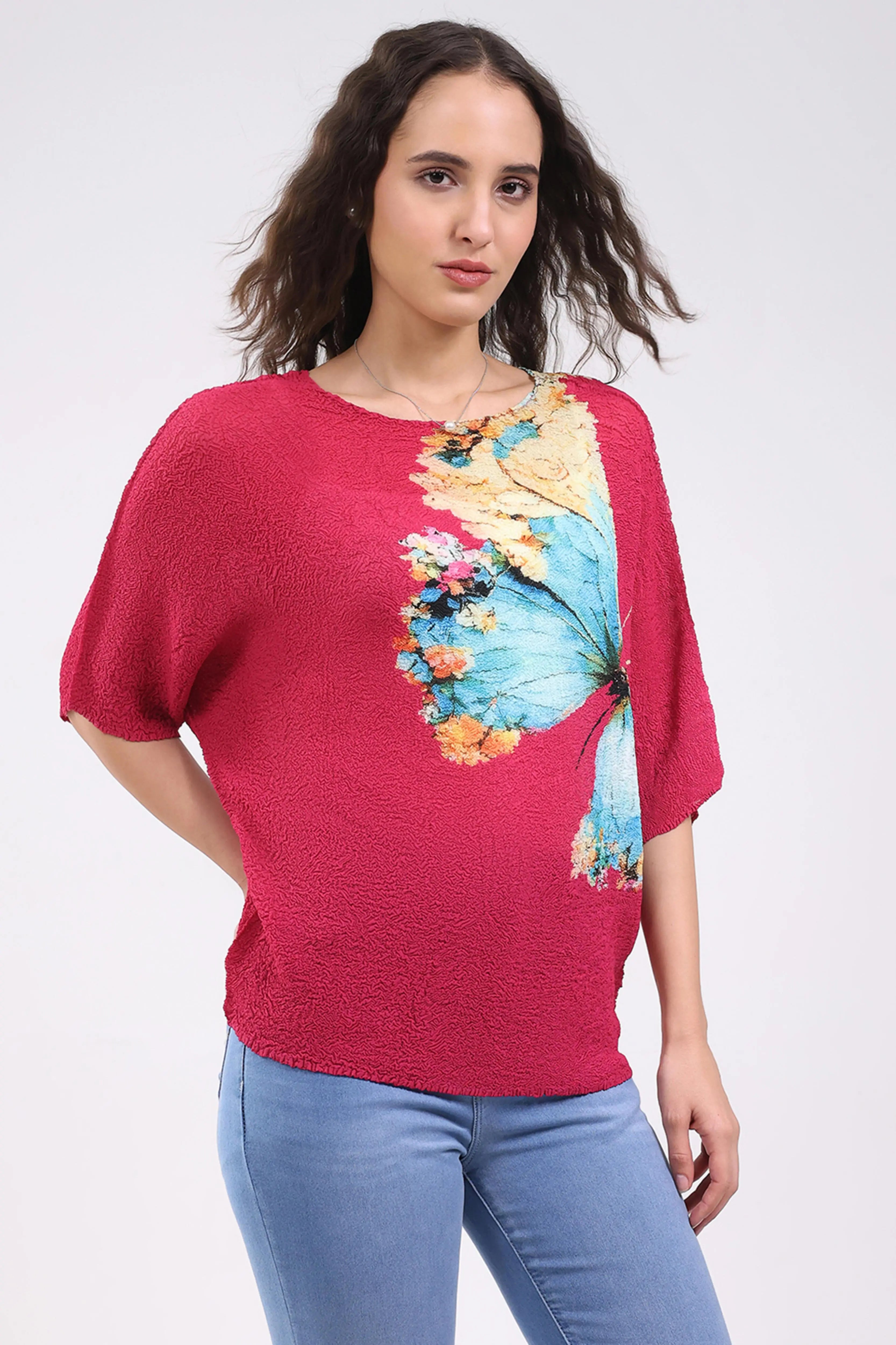 Pink Butterfly Print Stretchable Top - Global Republic