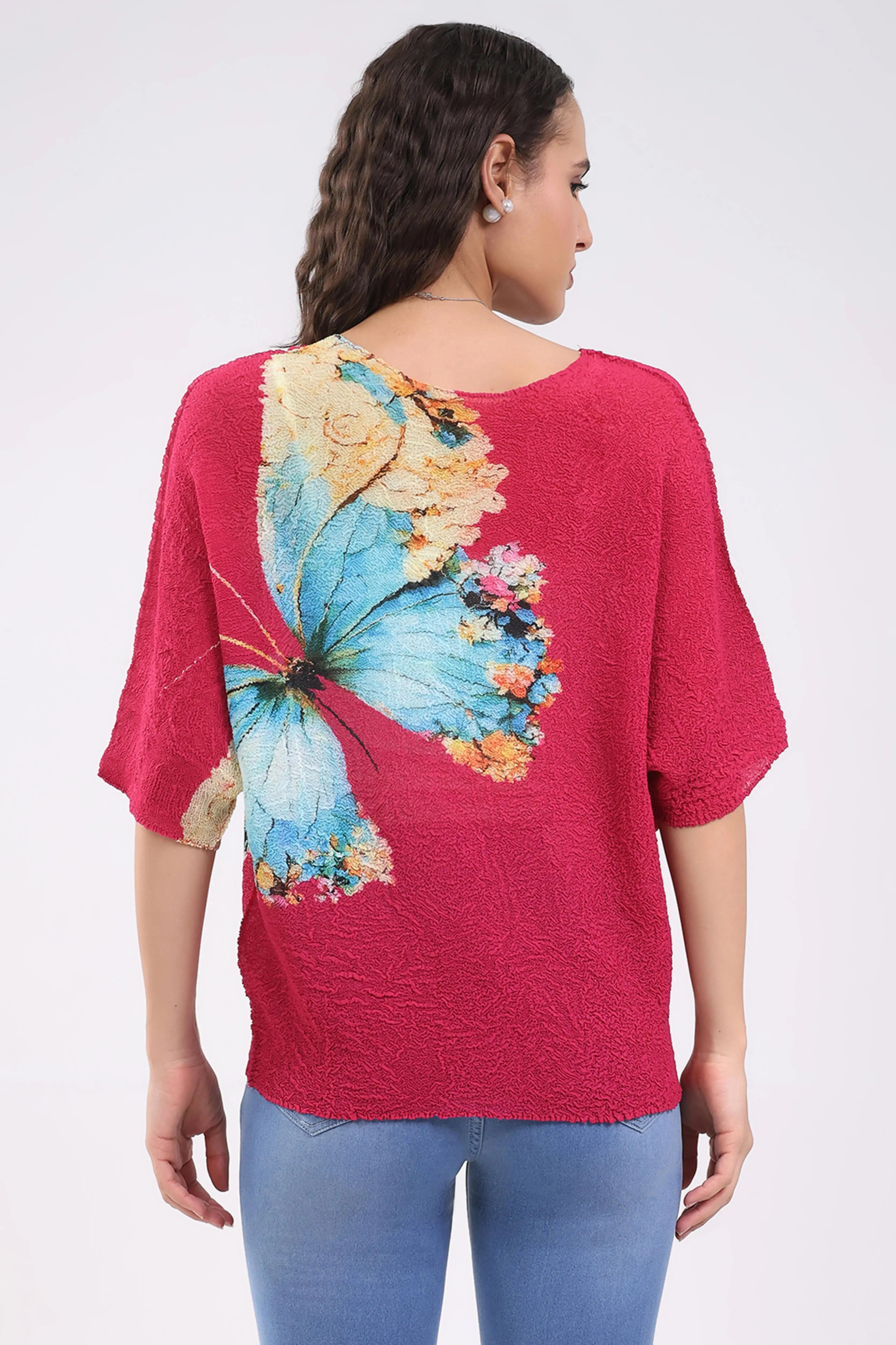 Pink Butterfly Print Stretchable Top - Global Republic