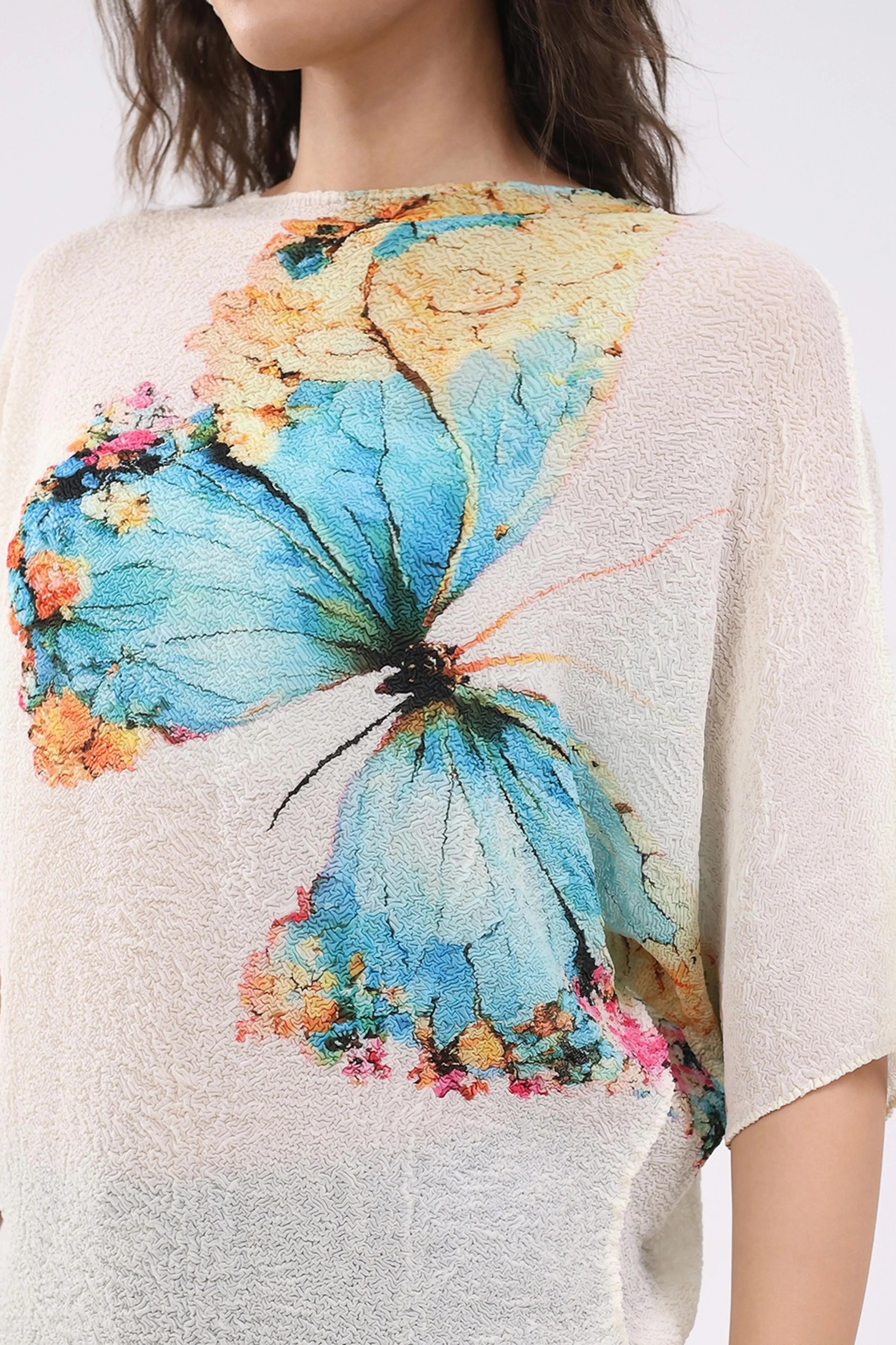 Beige Butterfly Print Stretchable Top - Global Republic