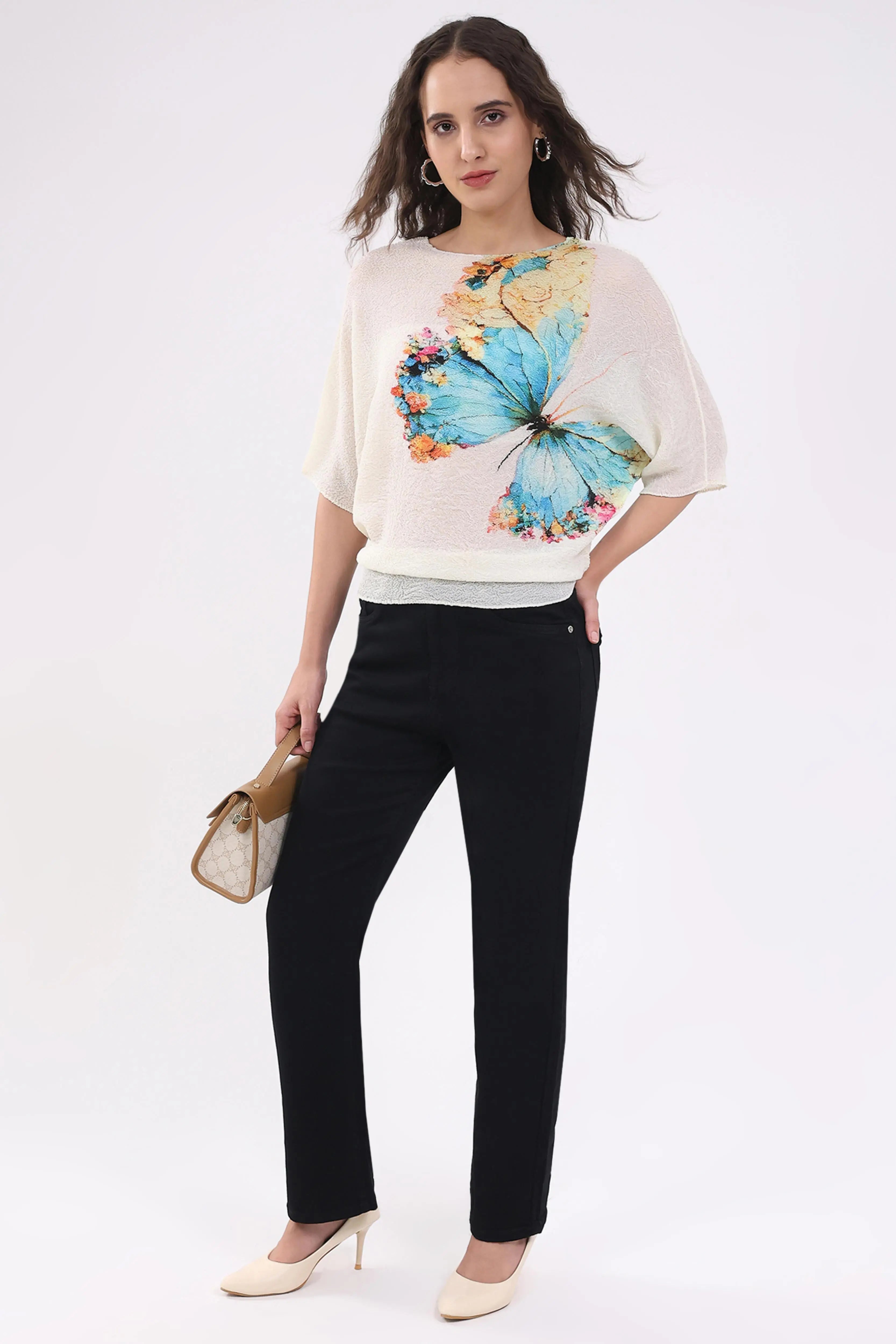 Beige Butterfly Print Stretchable Top - Global Republic