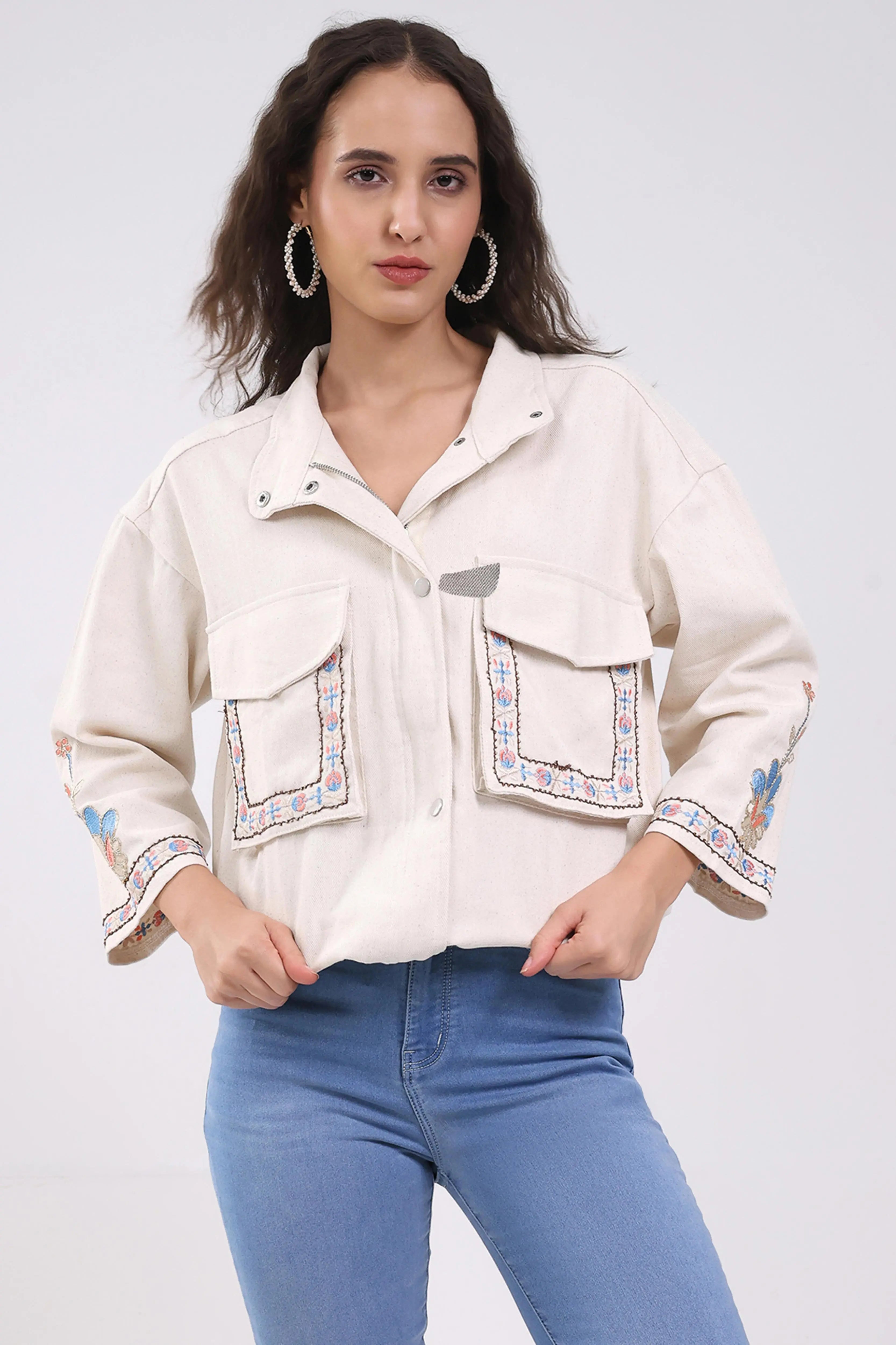 Beige Oversized Embroidered Cotton Shacket - Global Republic