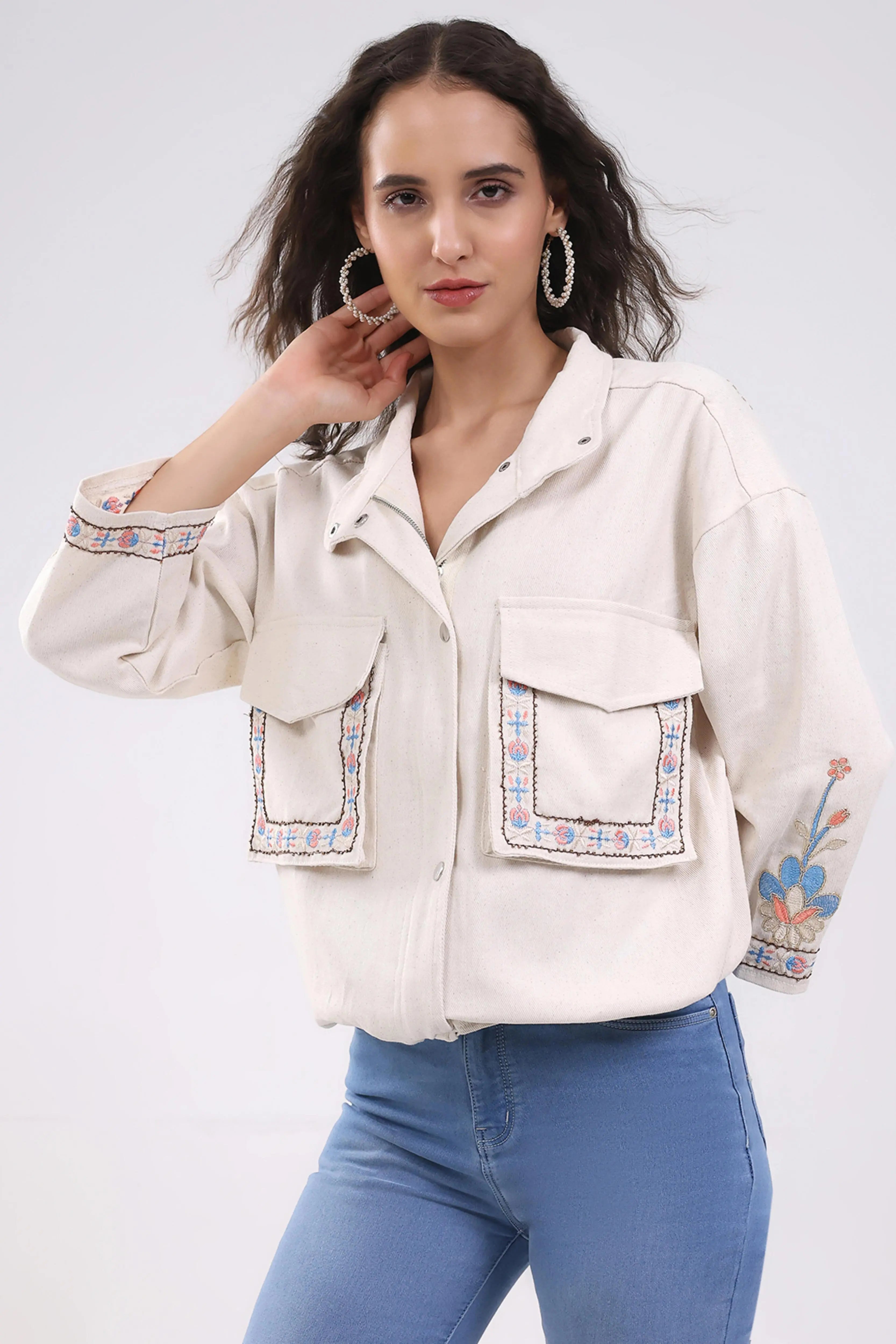 Beige Oversized Embroidered Cotton Shacket - Global Republic