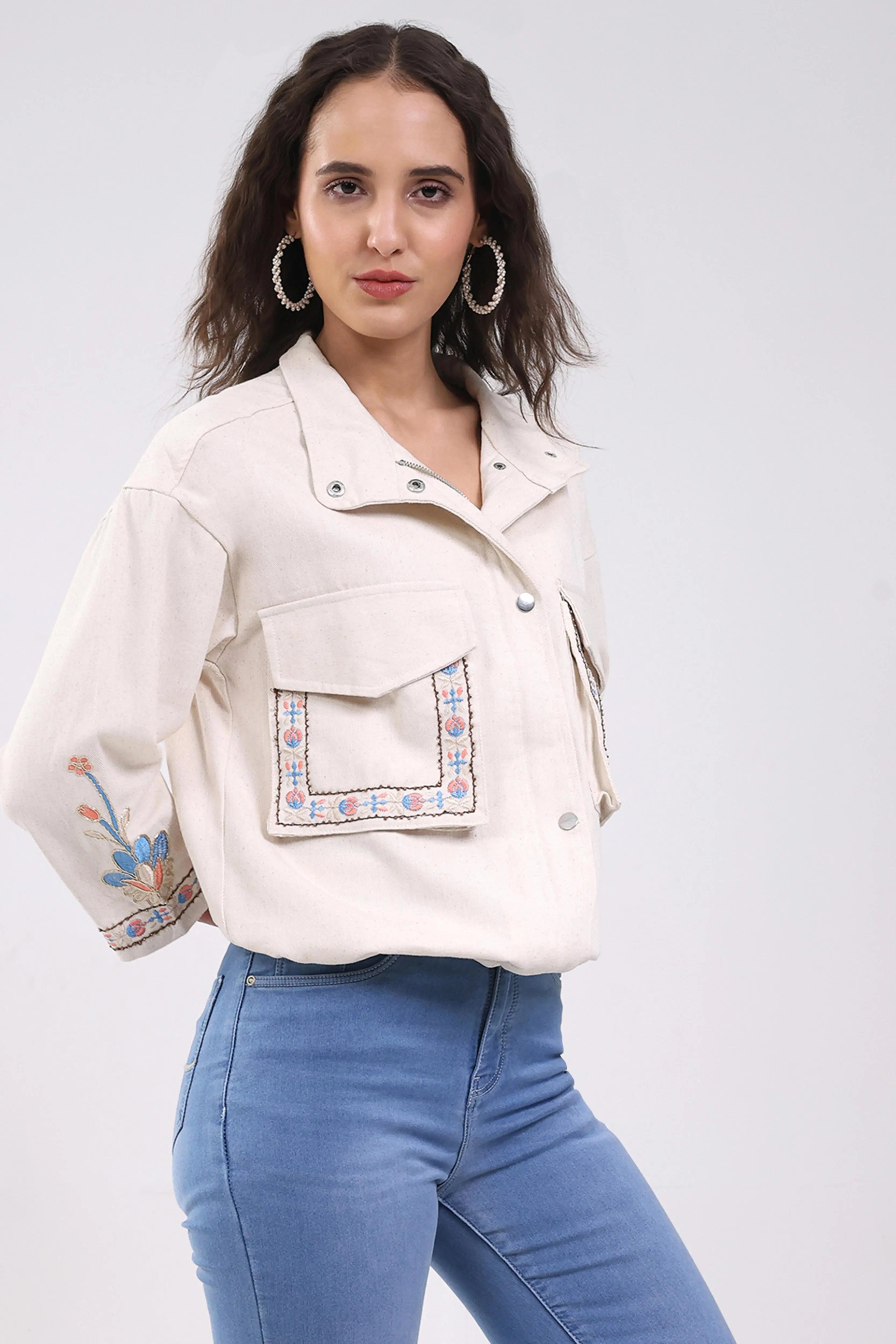 Beige Oversized Embroidered Cotton Shacket - Global Republic
