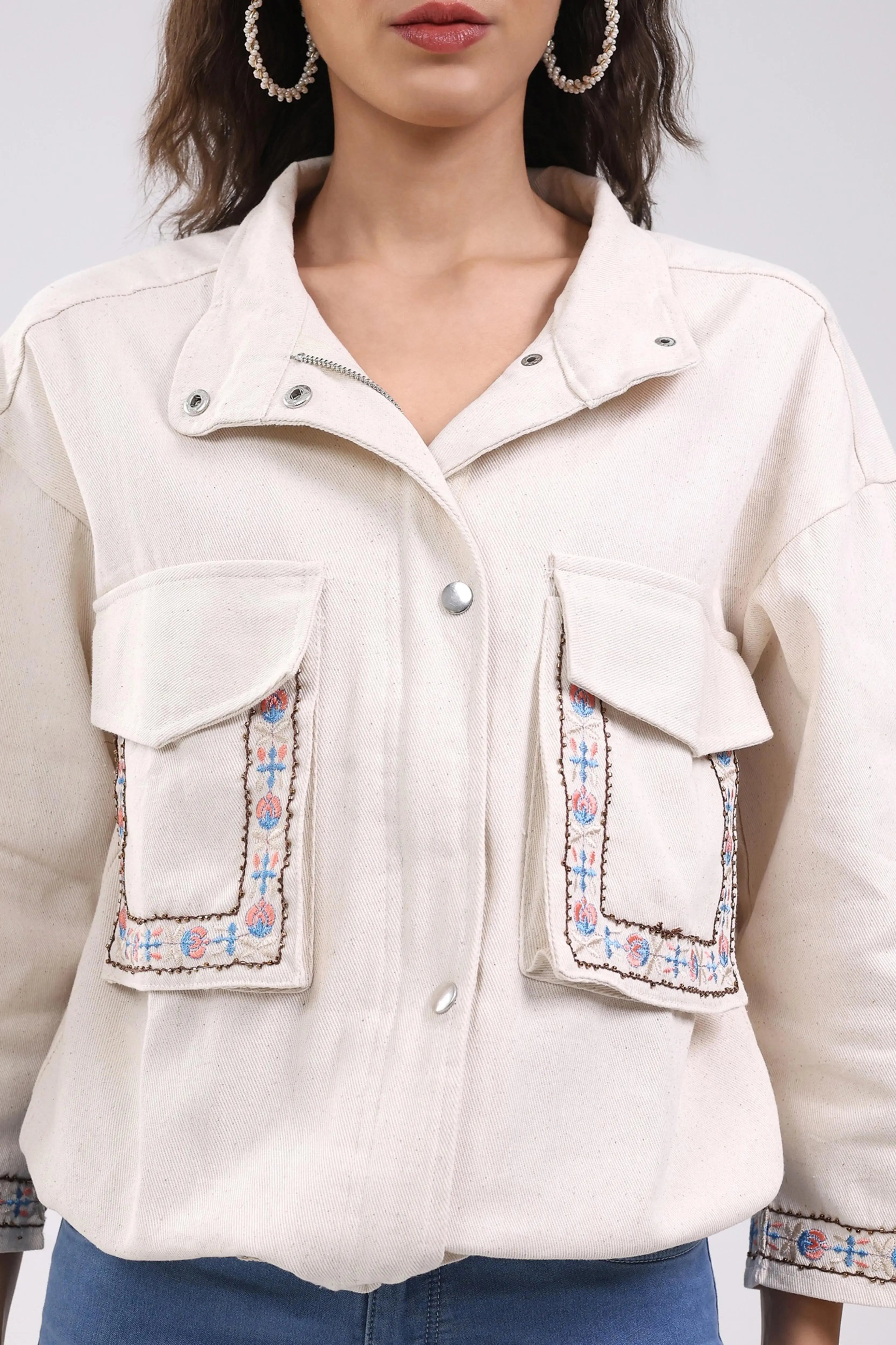 Beige Oversized Embroidered Cotton Shacket - Global Republic