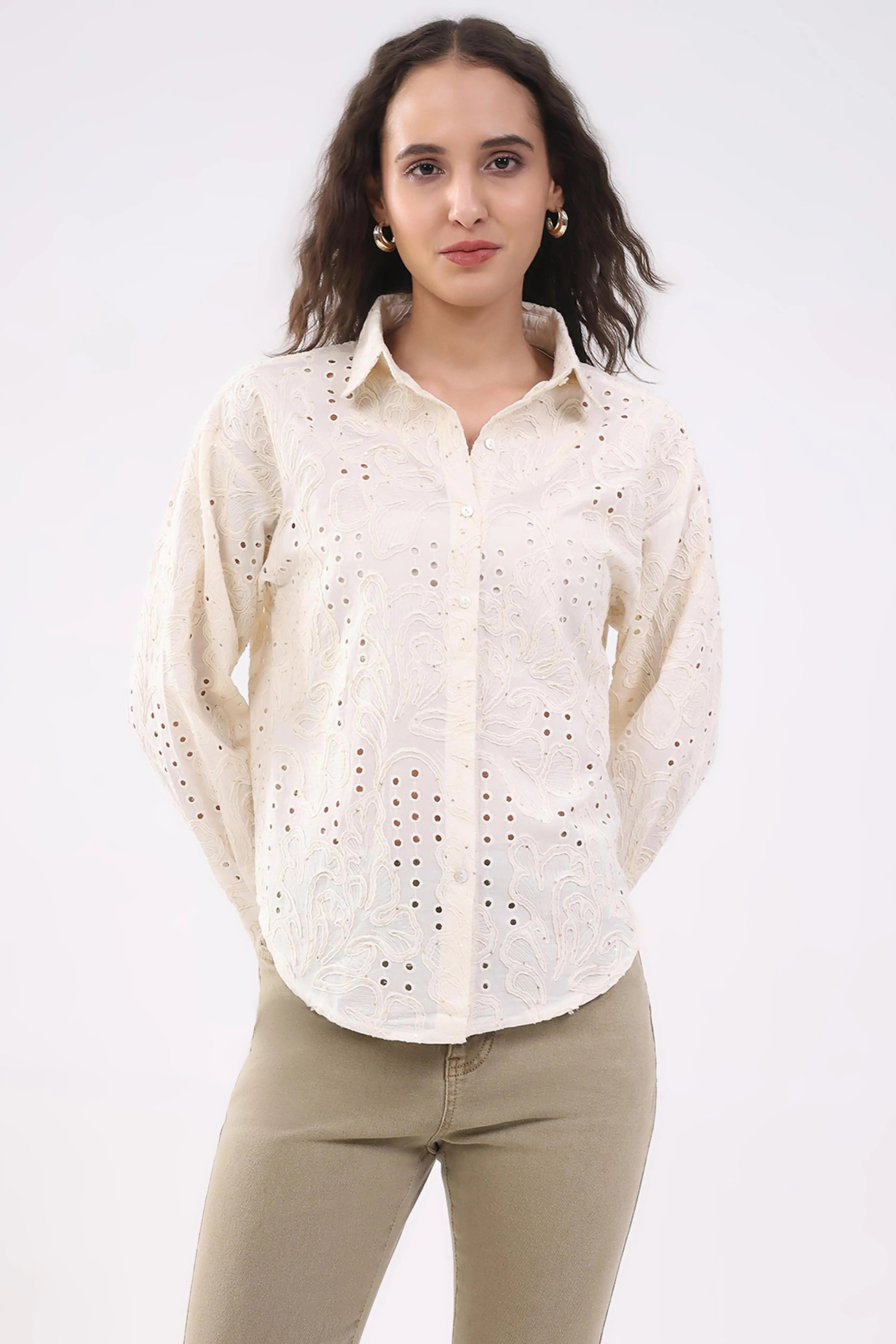 Beige Cotton Schiffili Shirt - Global Republic