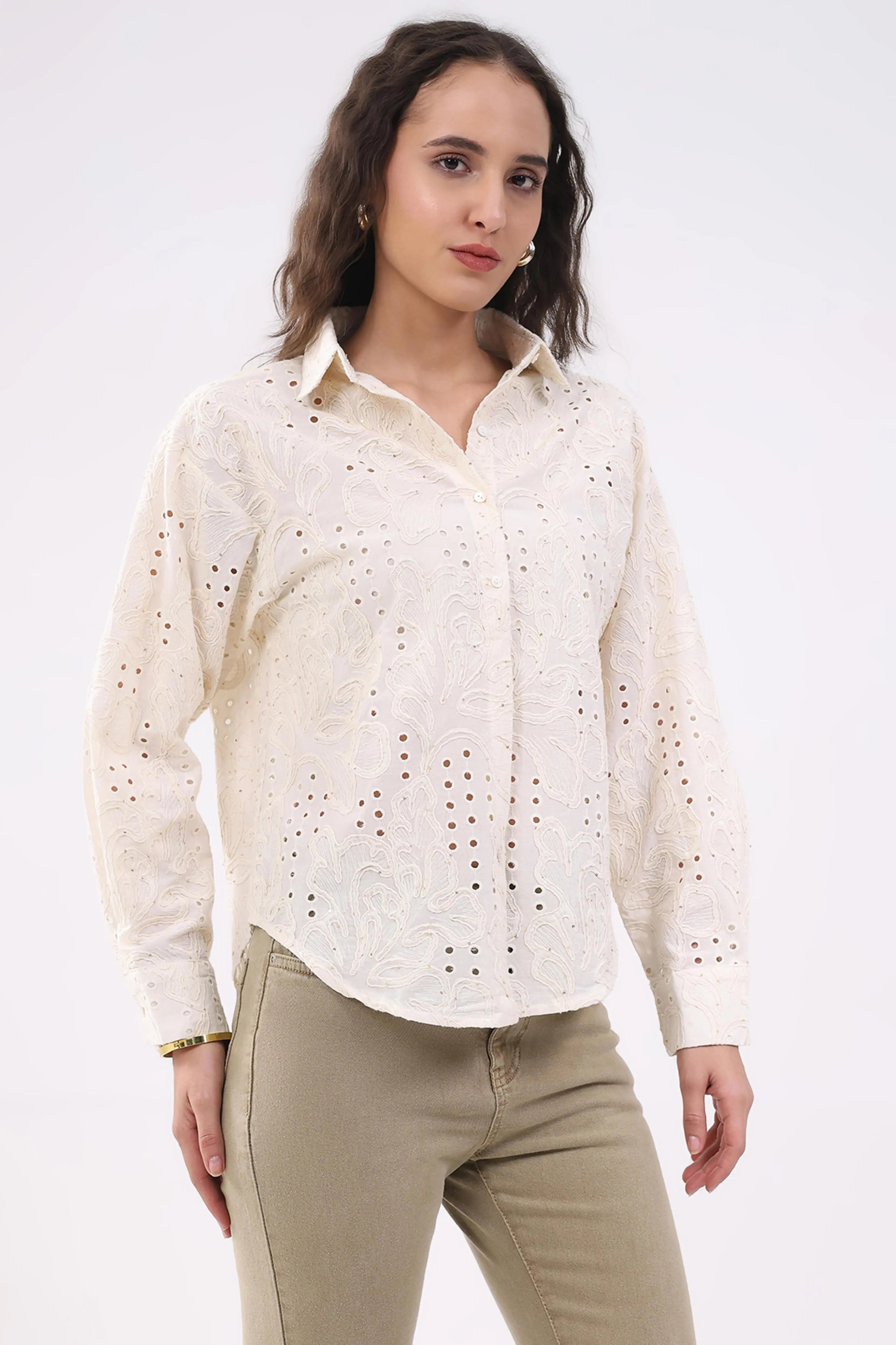 Beige Cotton Schiffili Shirt - Global Republic