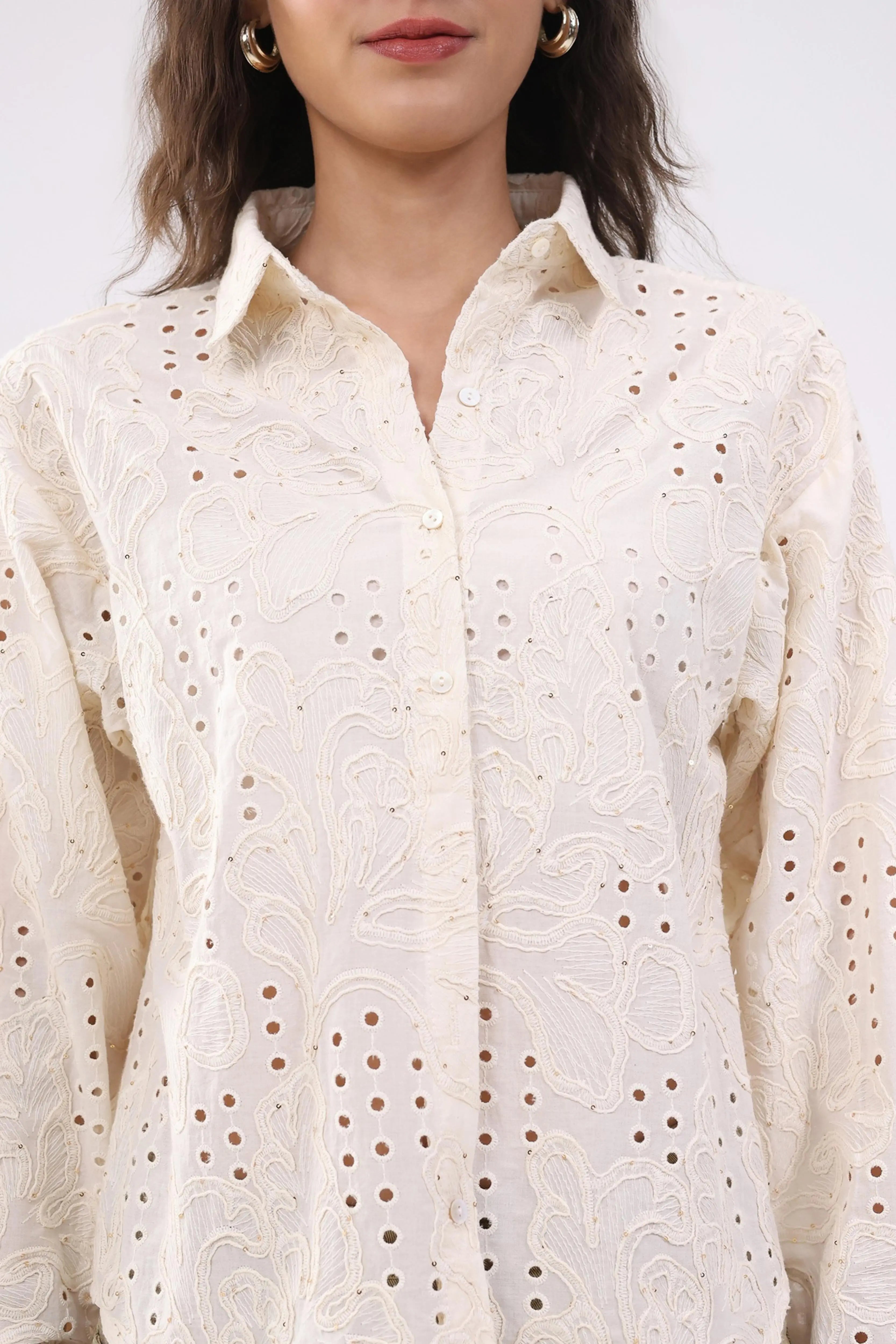 Beige Cotton Schiffili Shirt - Global Republic