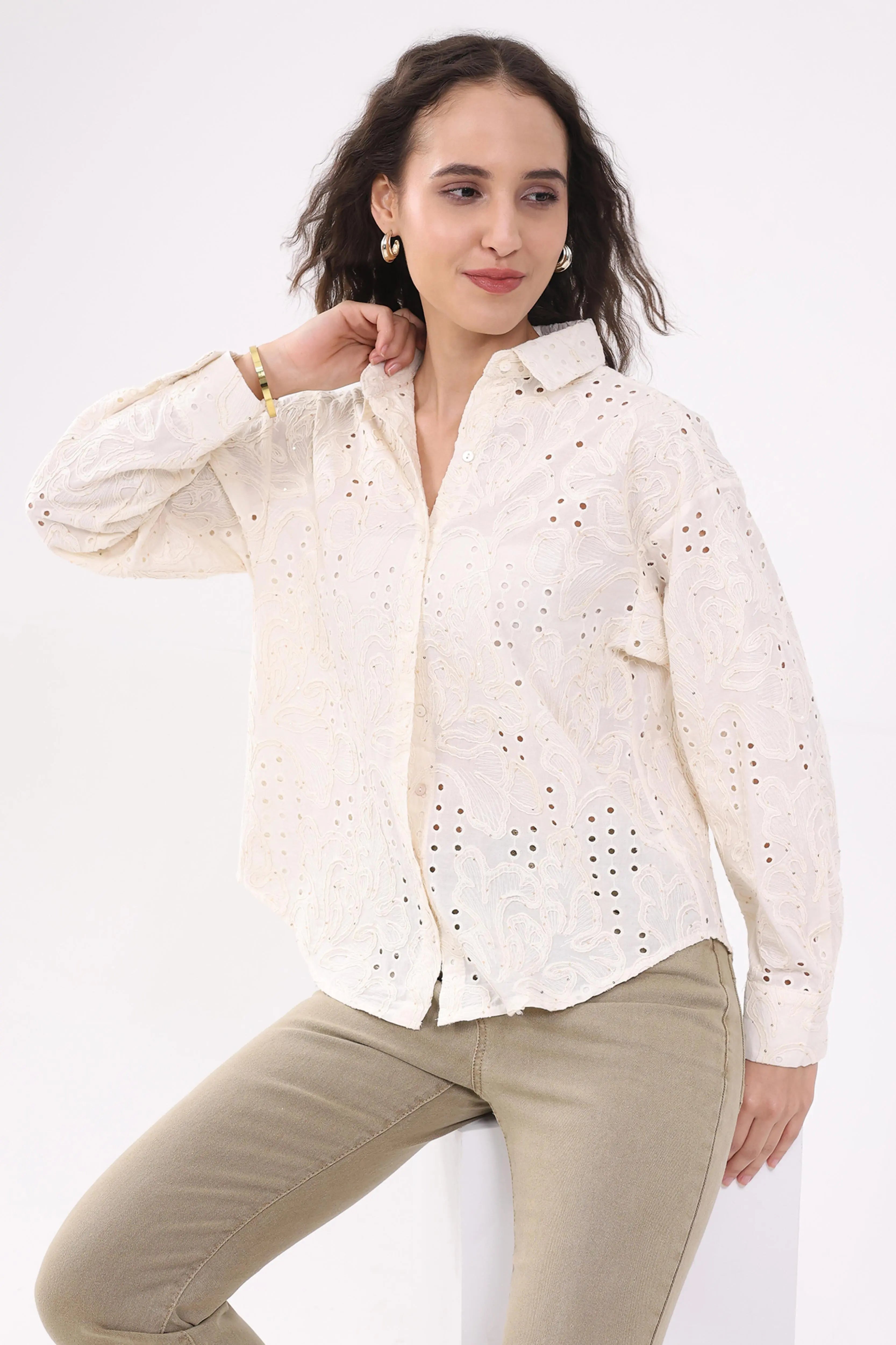 Beige Cotton Schiffili Shirt - Global Republic