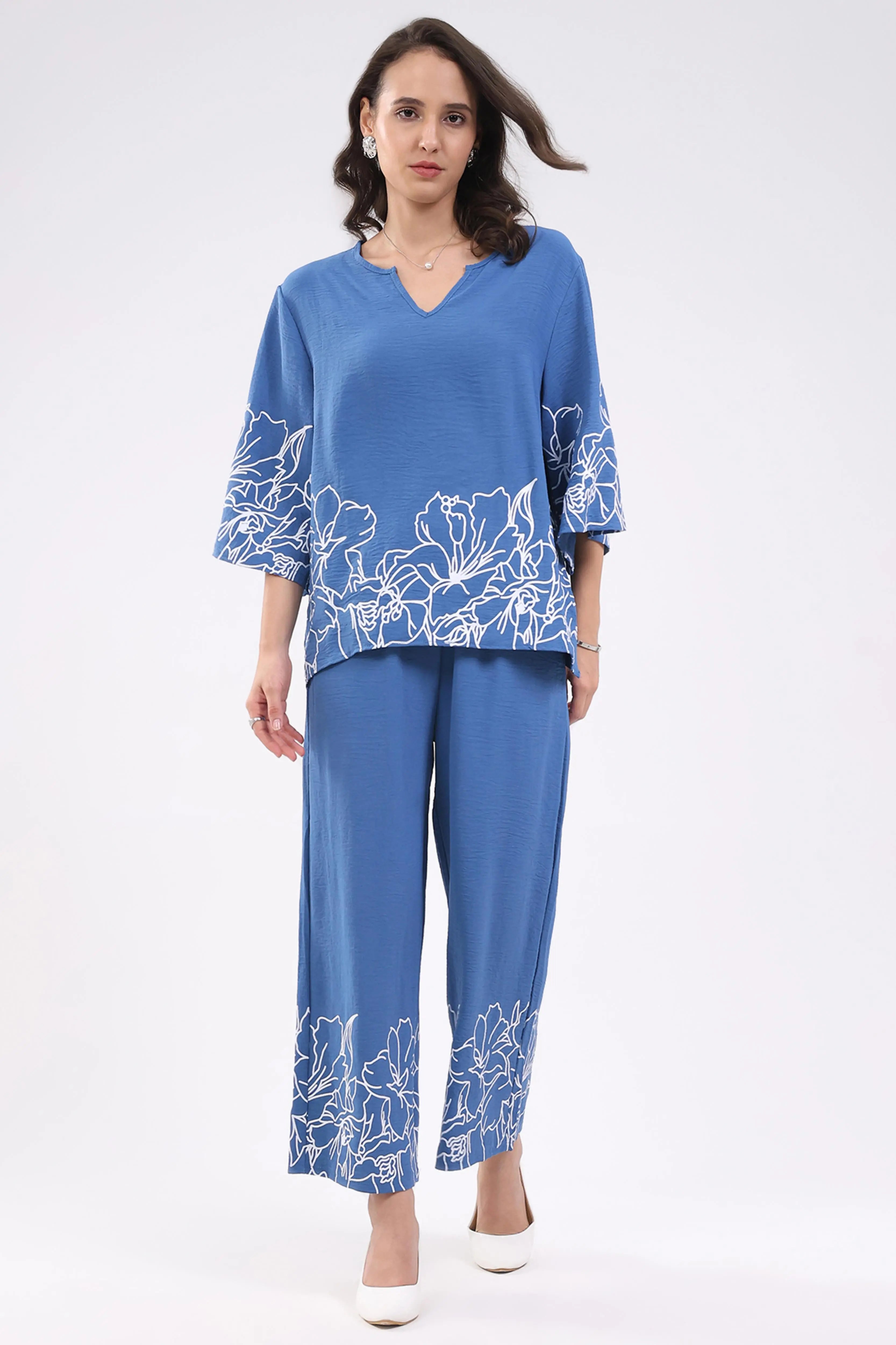 Blue Printed Rayon Blend Loungewear - Global Republic