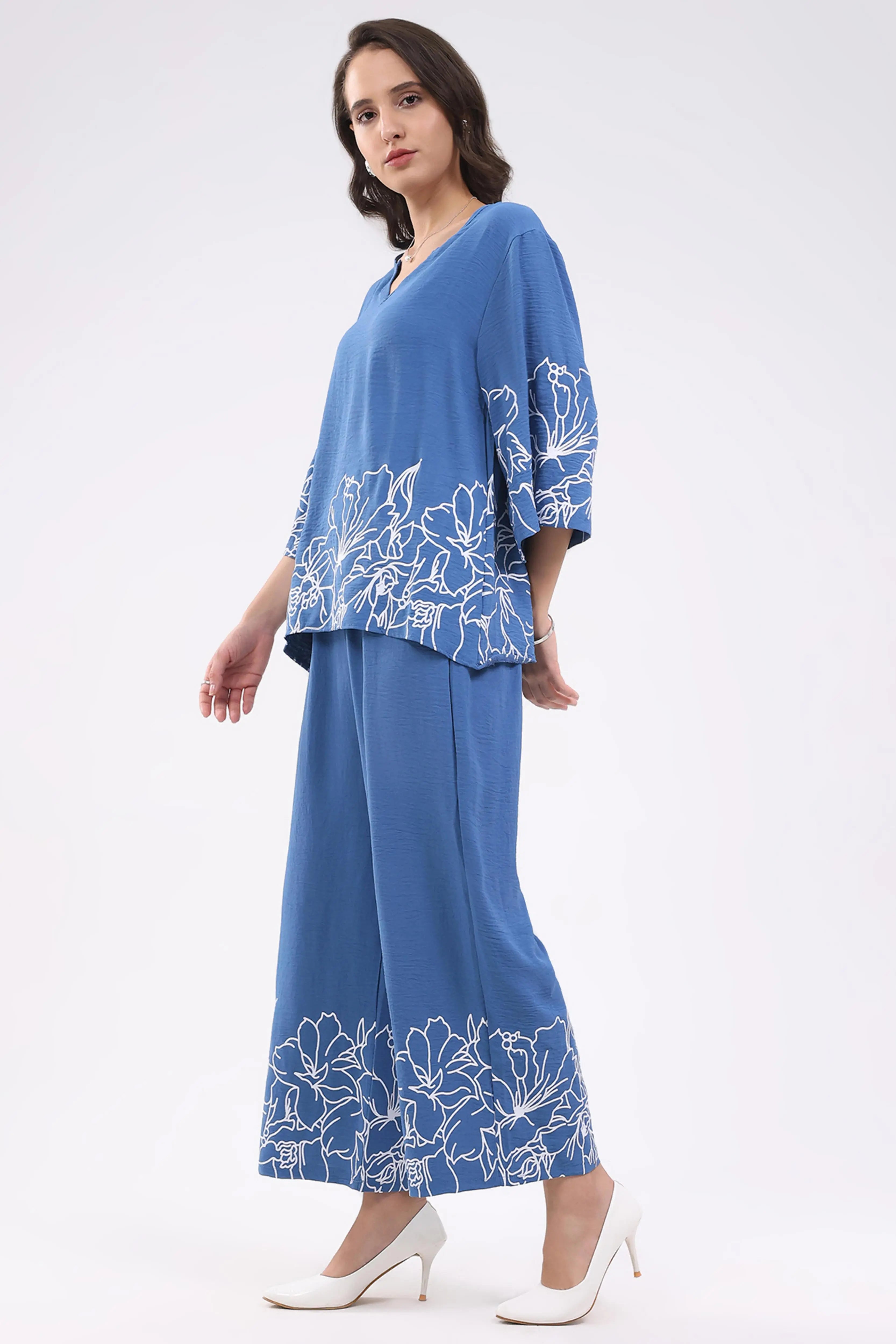Blue Printed Rayon Blend Loungewear - Global Republic