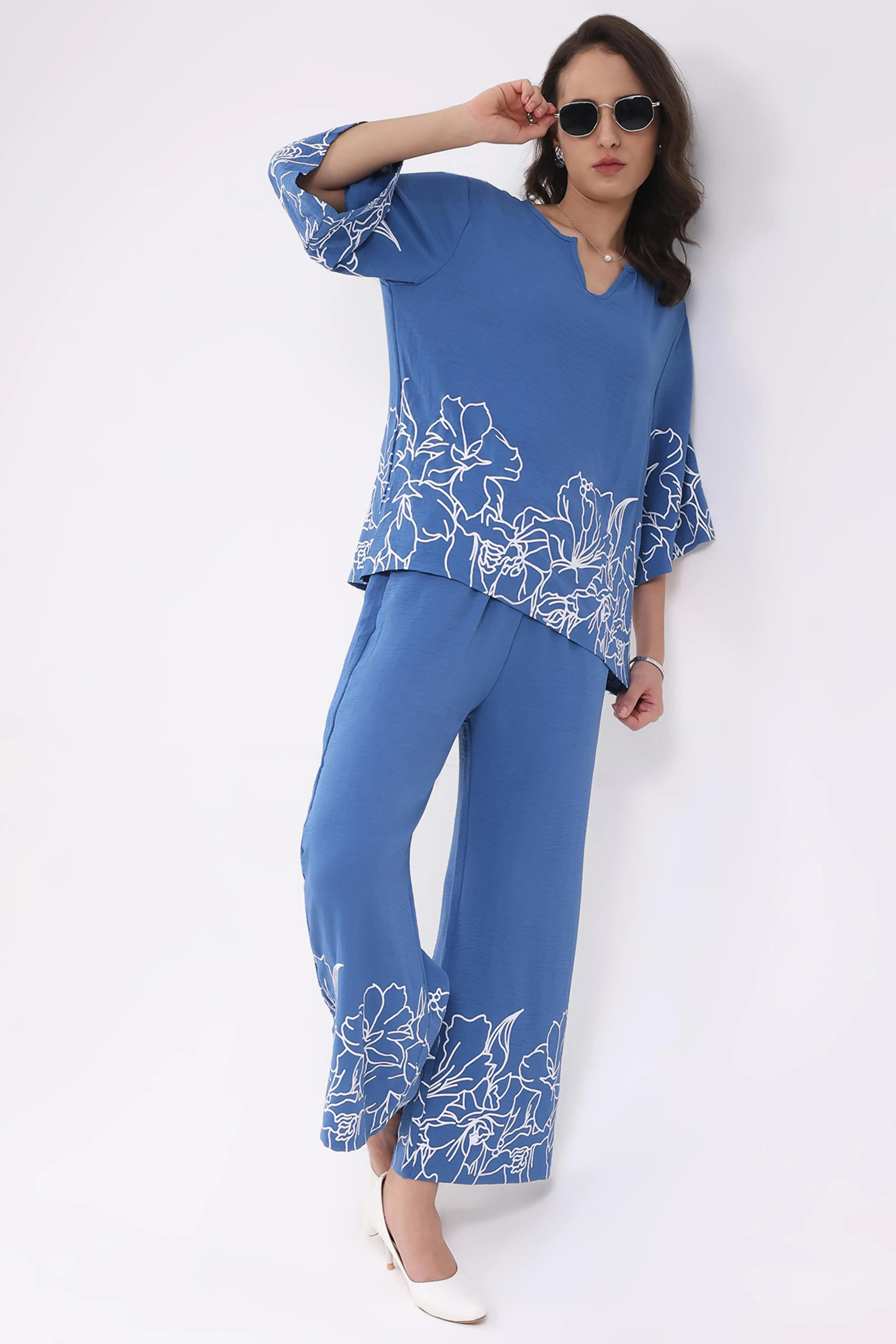 Blue Printed Rayon Blend Loungewear - Global Republic