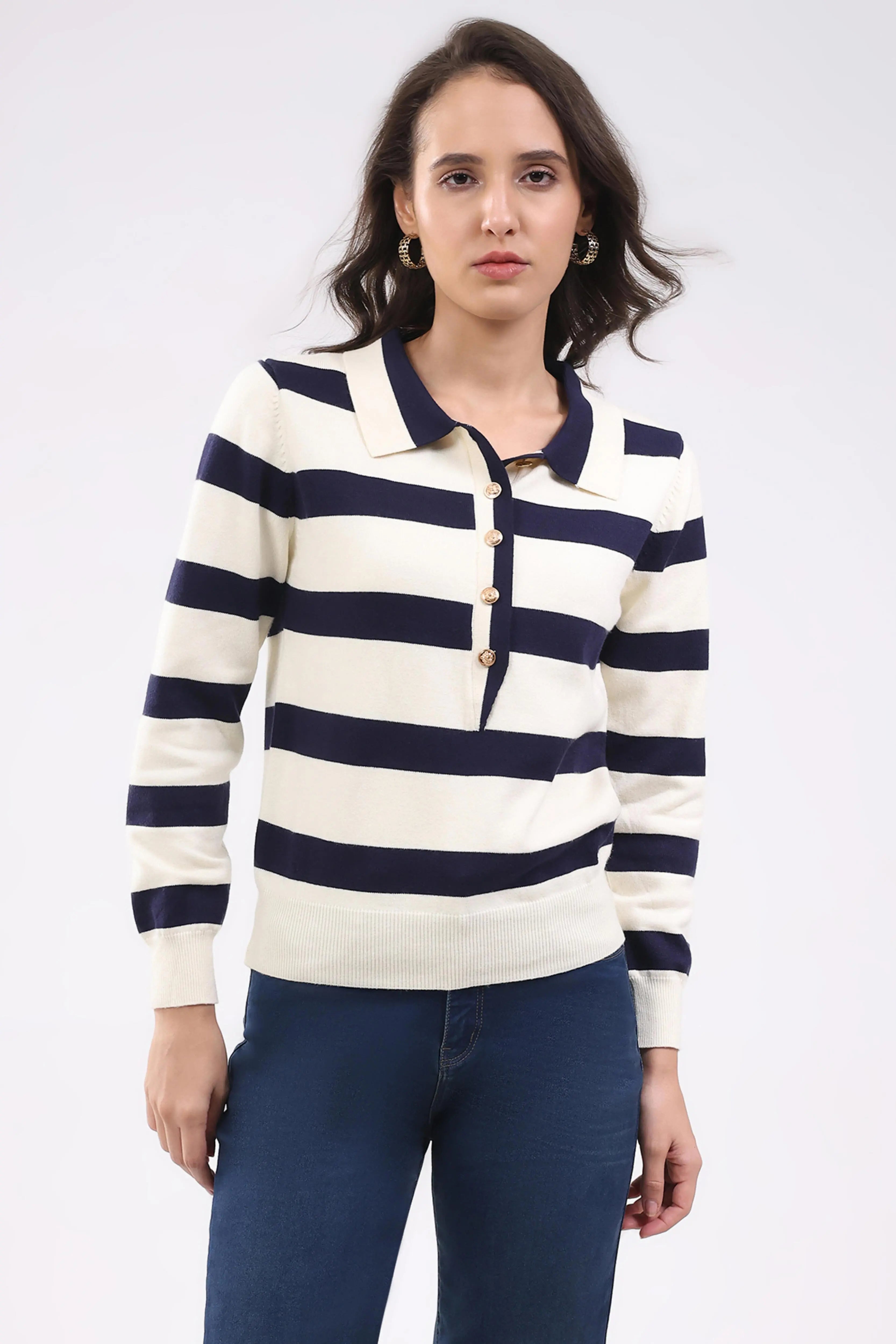 Navy Wool Blend Striped Pullover