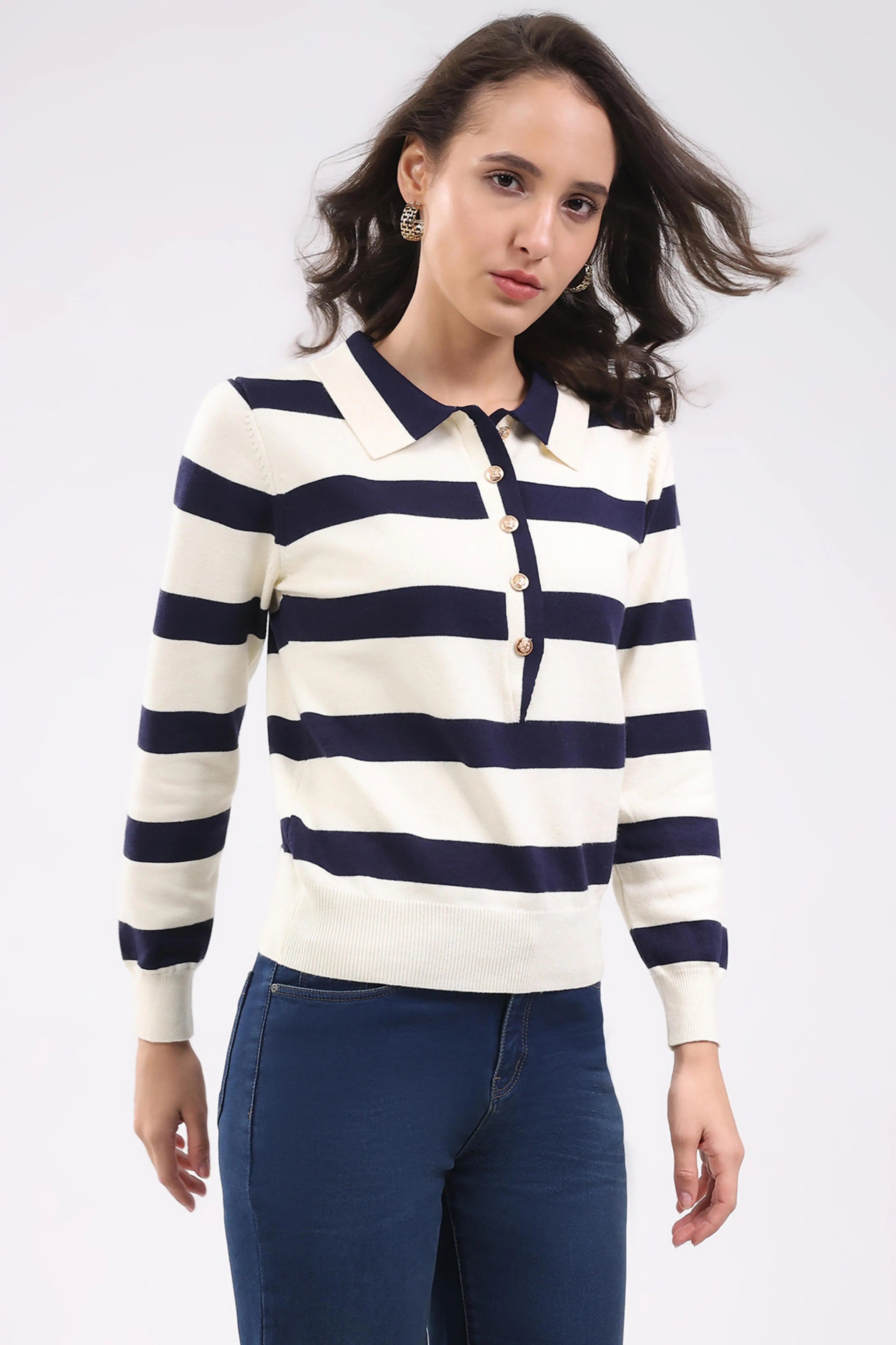 Navy Wool Blend Striped Pullover