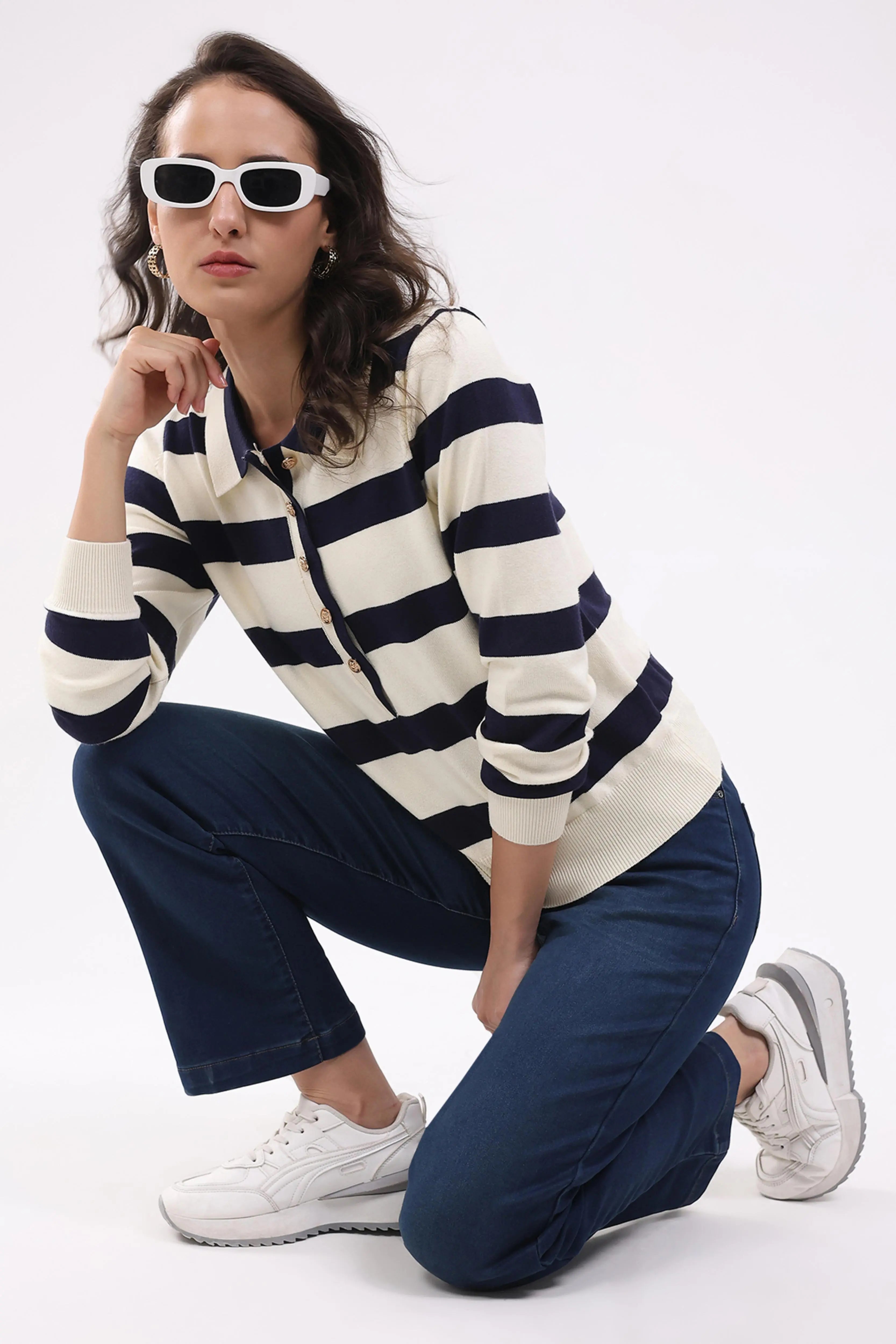 Navy Wool Blend Striped Pullover