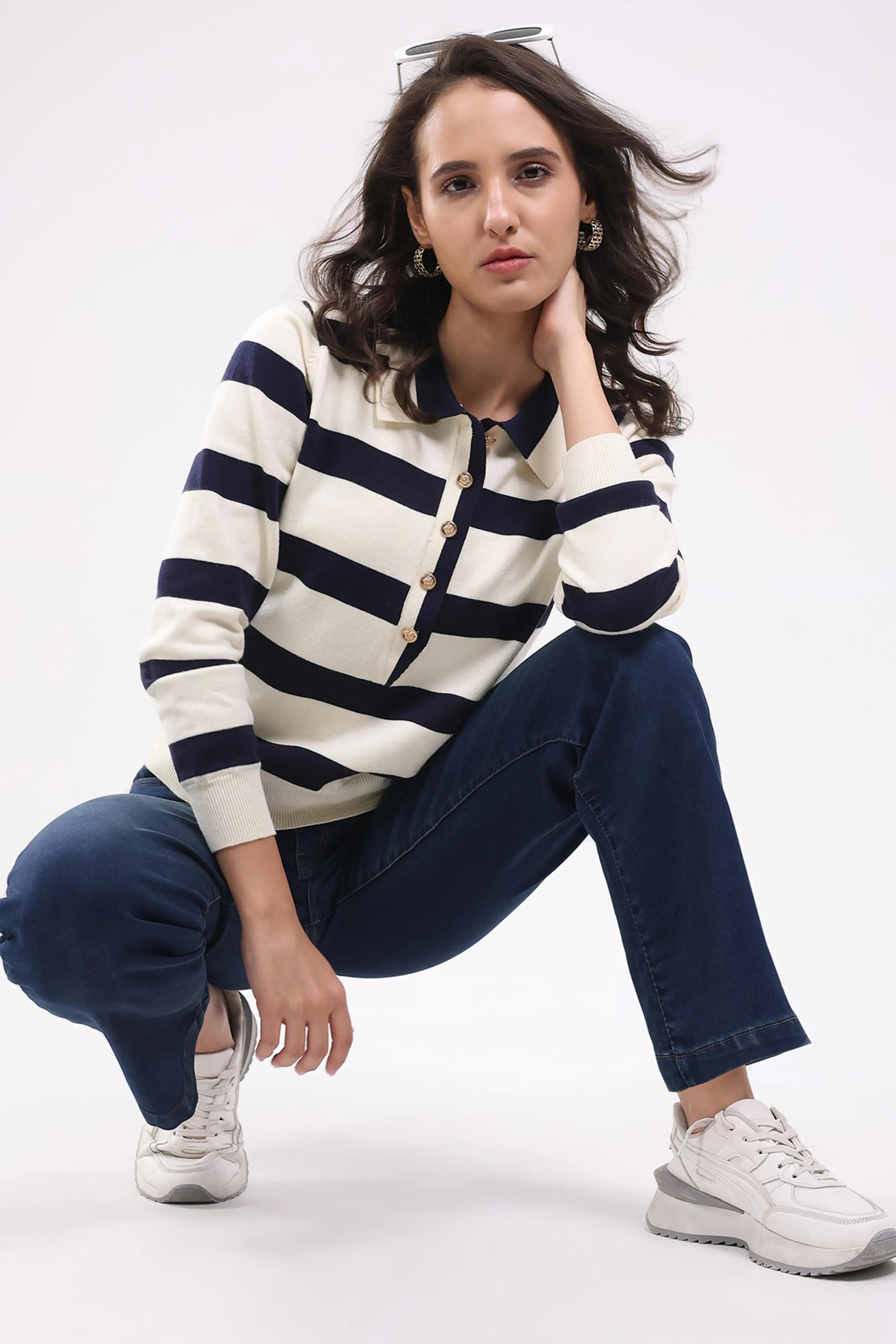 Navy Wool Blend Striped Pullover