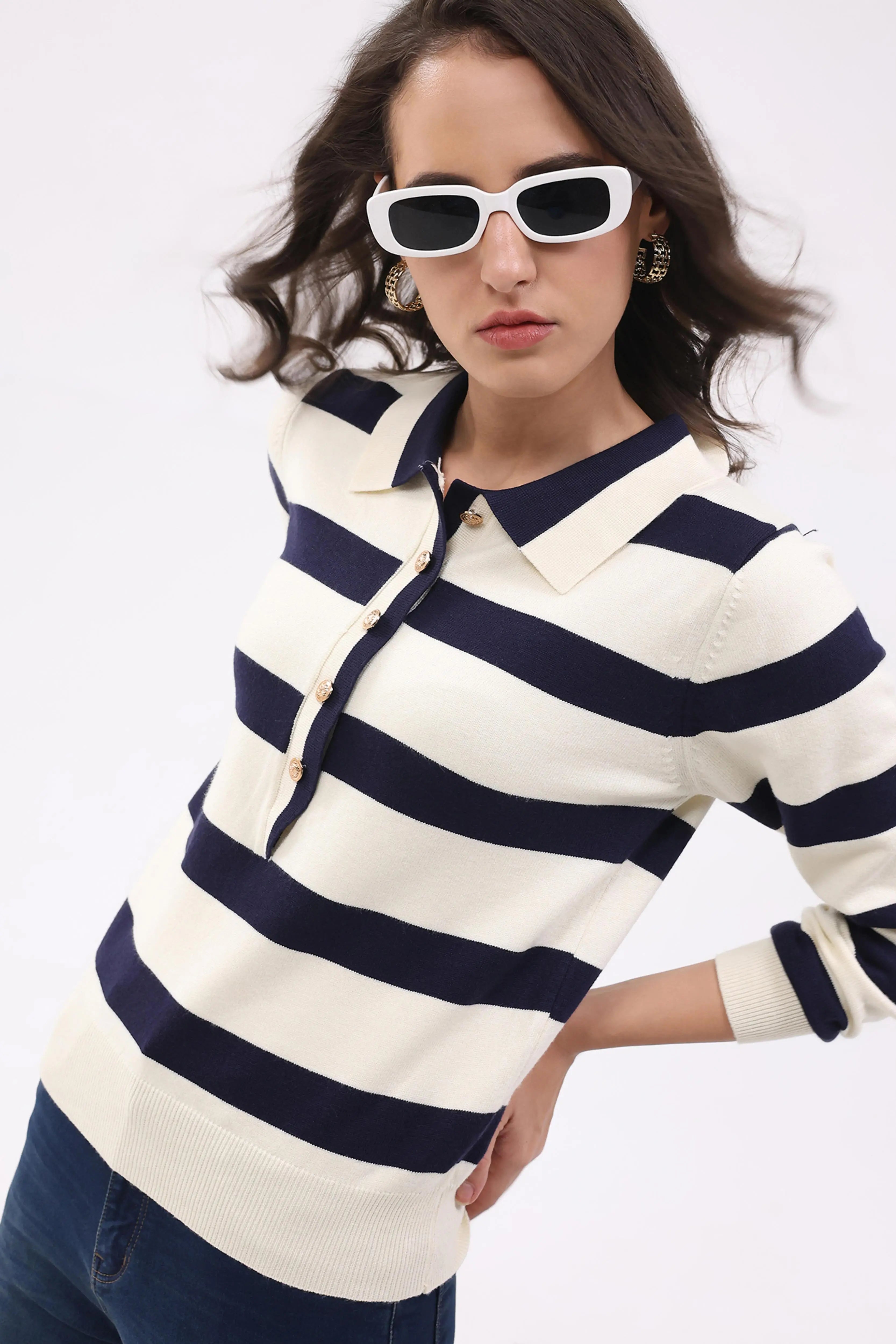 Navy Wool Blend Striped Pullover
